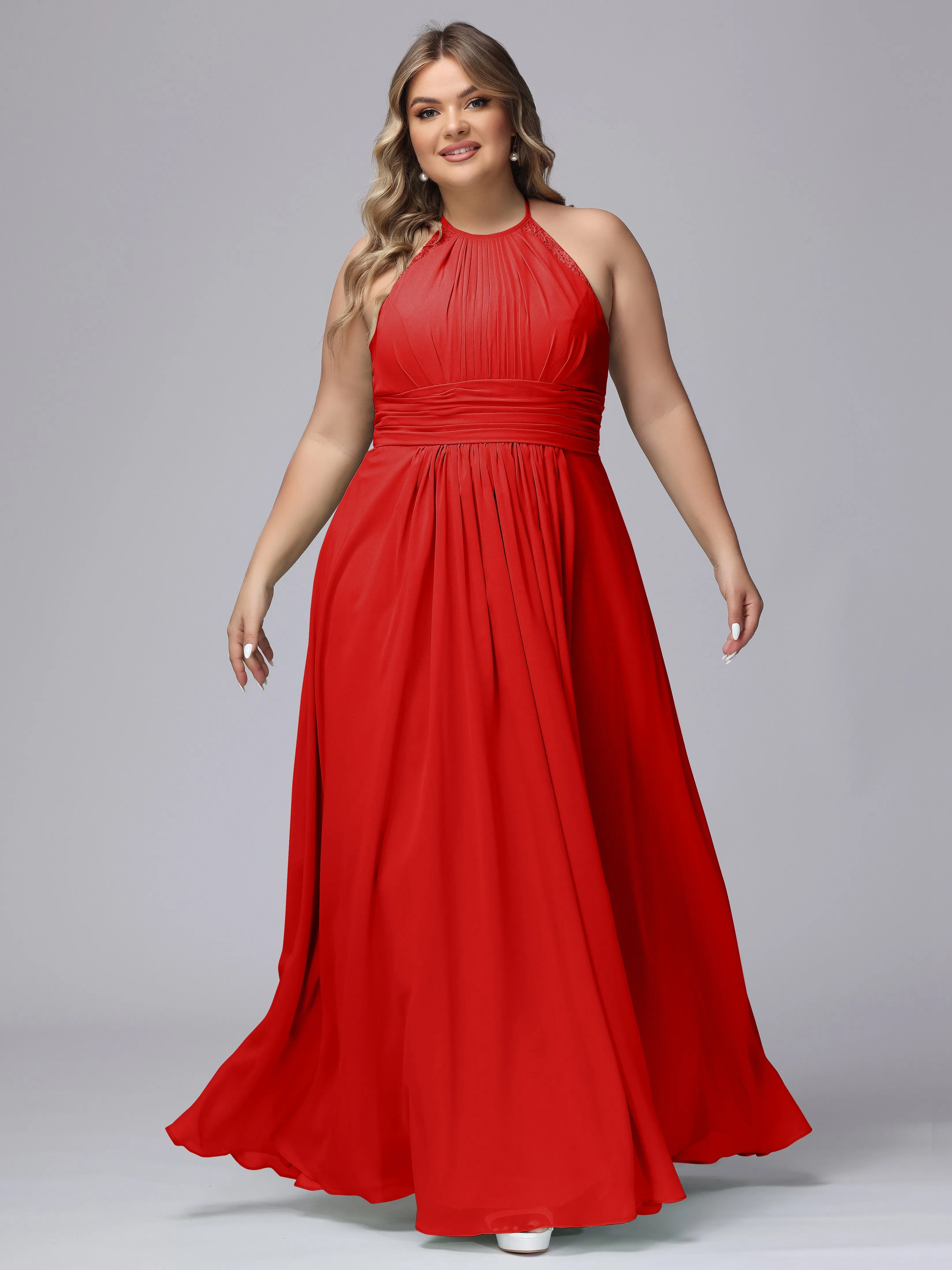 Halter Sleeveless Long Plus Size Chiffon Bridesmaid Dresses