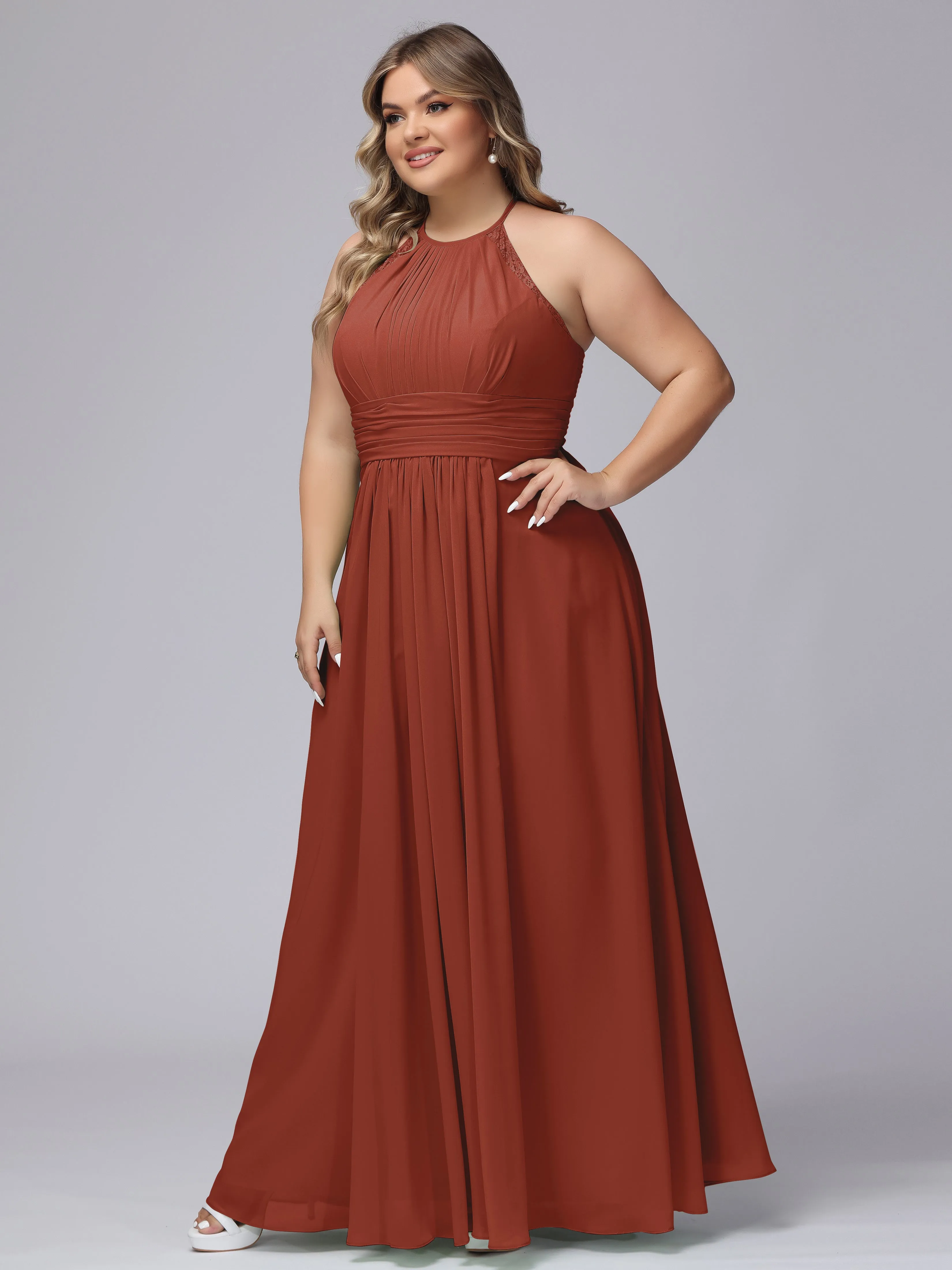 Halter Sleeveless Long Plus Size Chiffon Bridesmaid Dresses