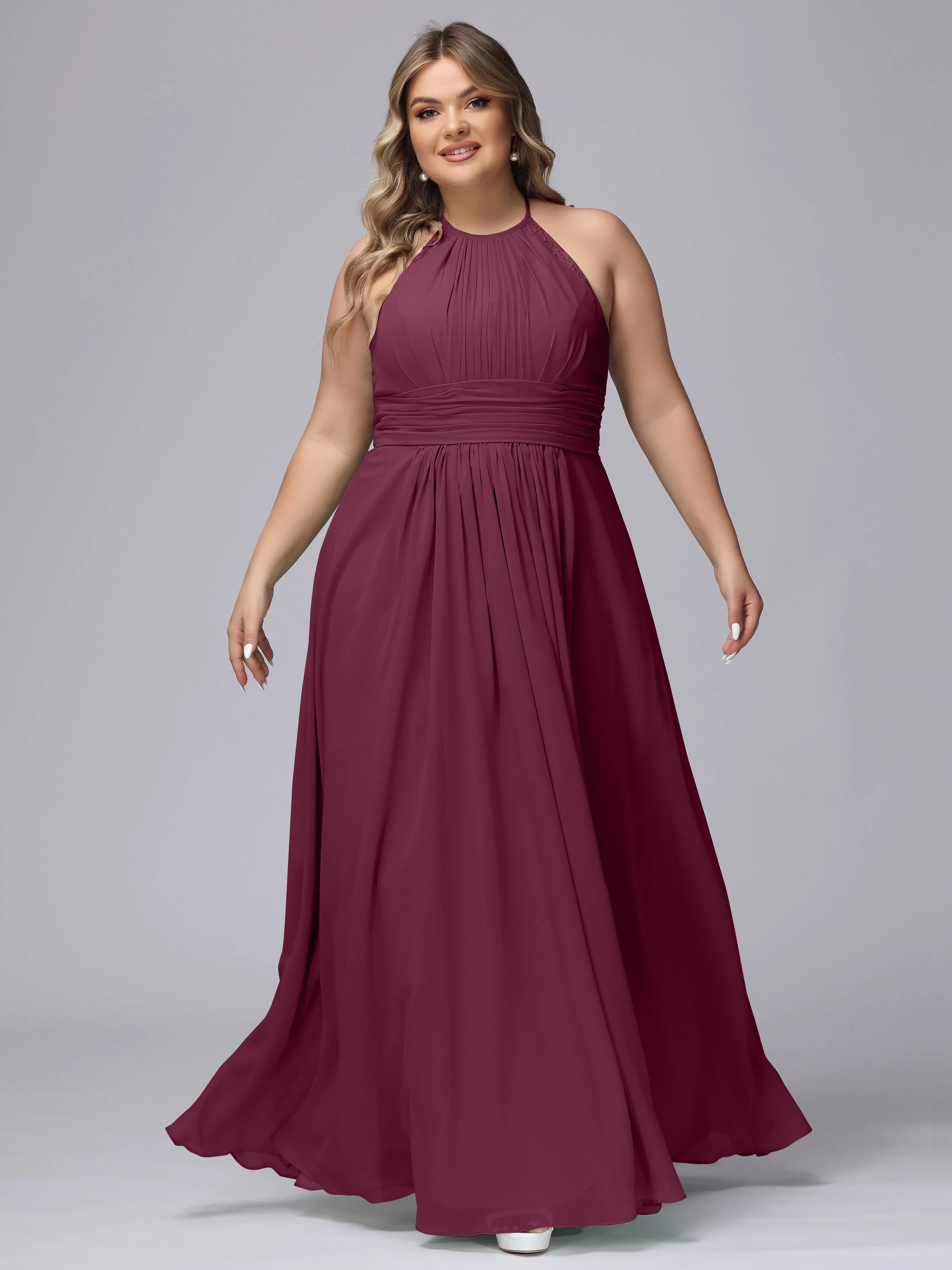 Halter Sleeveless Long Plus Size Chiffon Bridesmaid Dresses