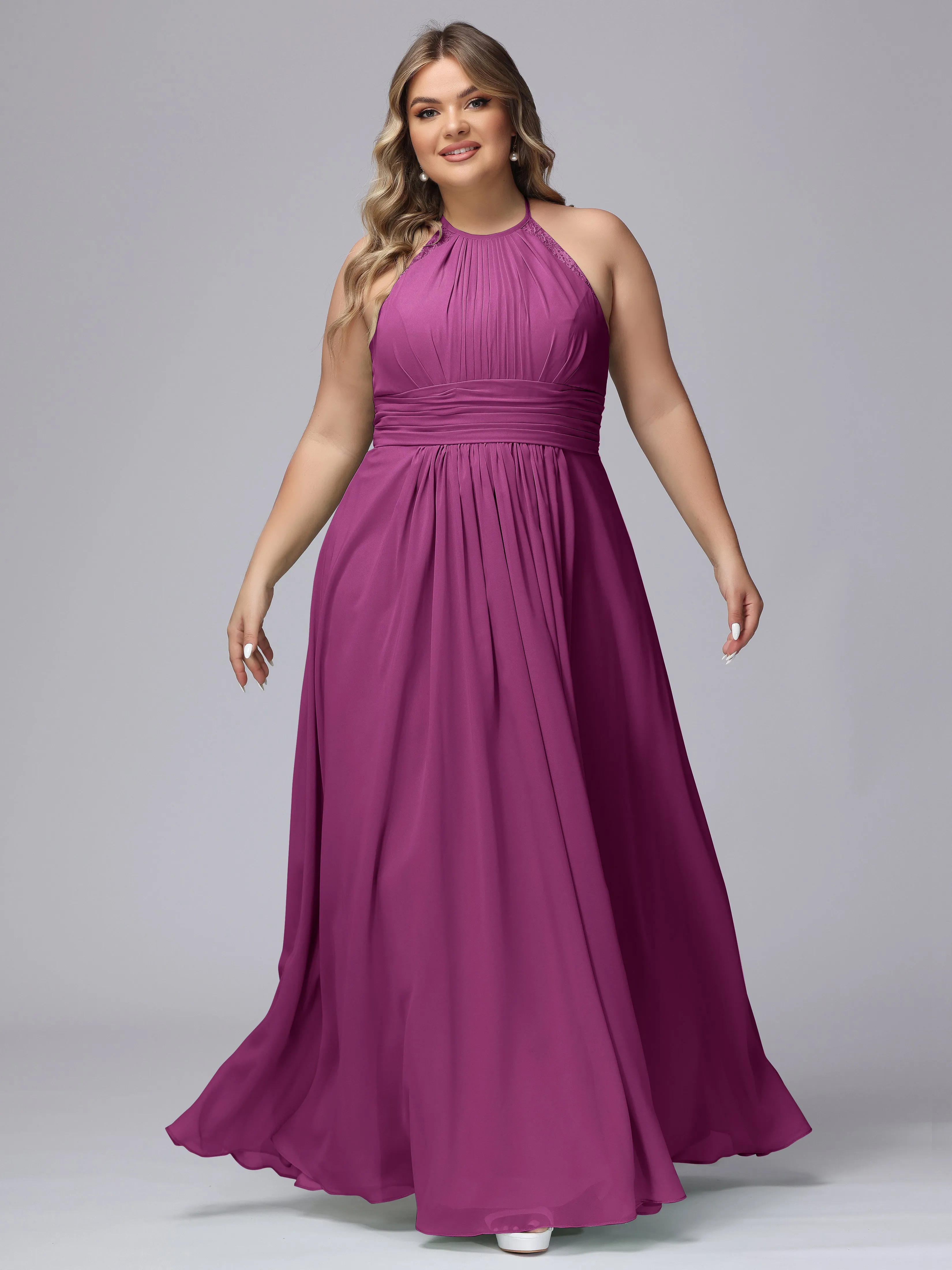 Halter Sleeveless Long Plus Size Chiffon Bridesmaid Dresses