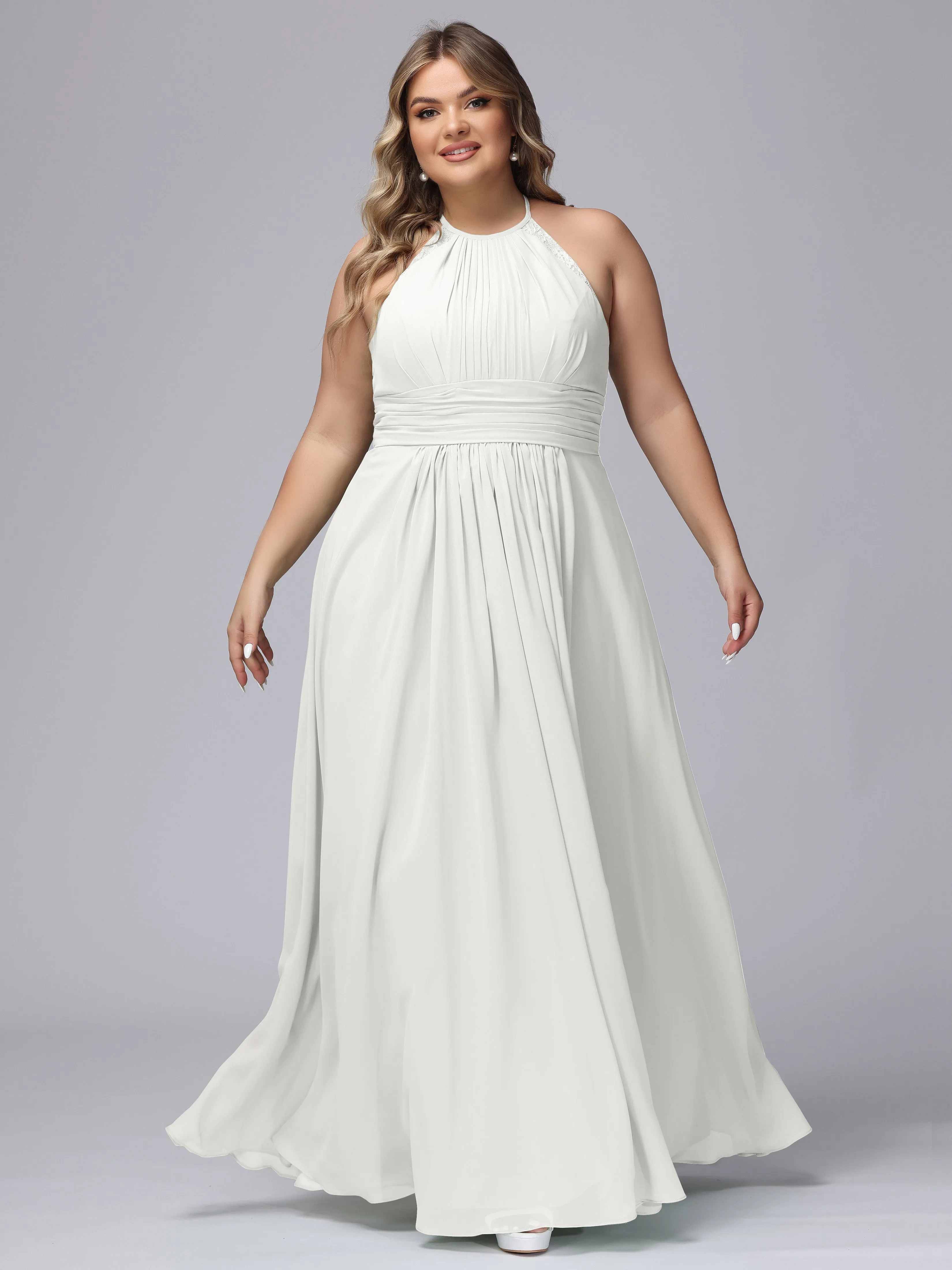 Halter Sleeveless Long Plus Size Chiffon Bridesmaid Dresses