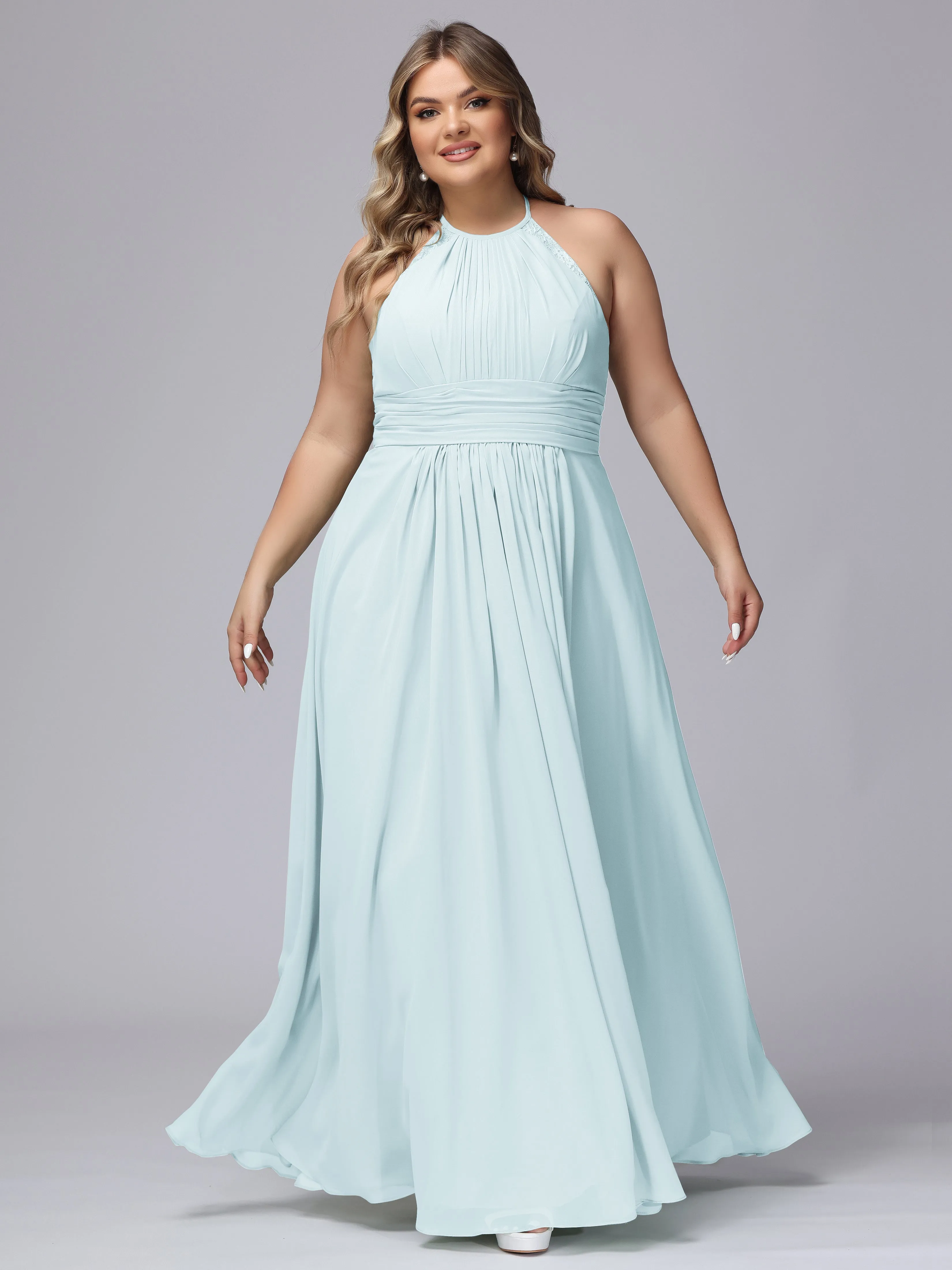 Halter Sleeveless Long Plus Size Chiffon Bridesmaid Dresses