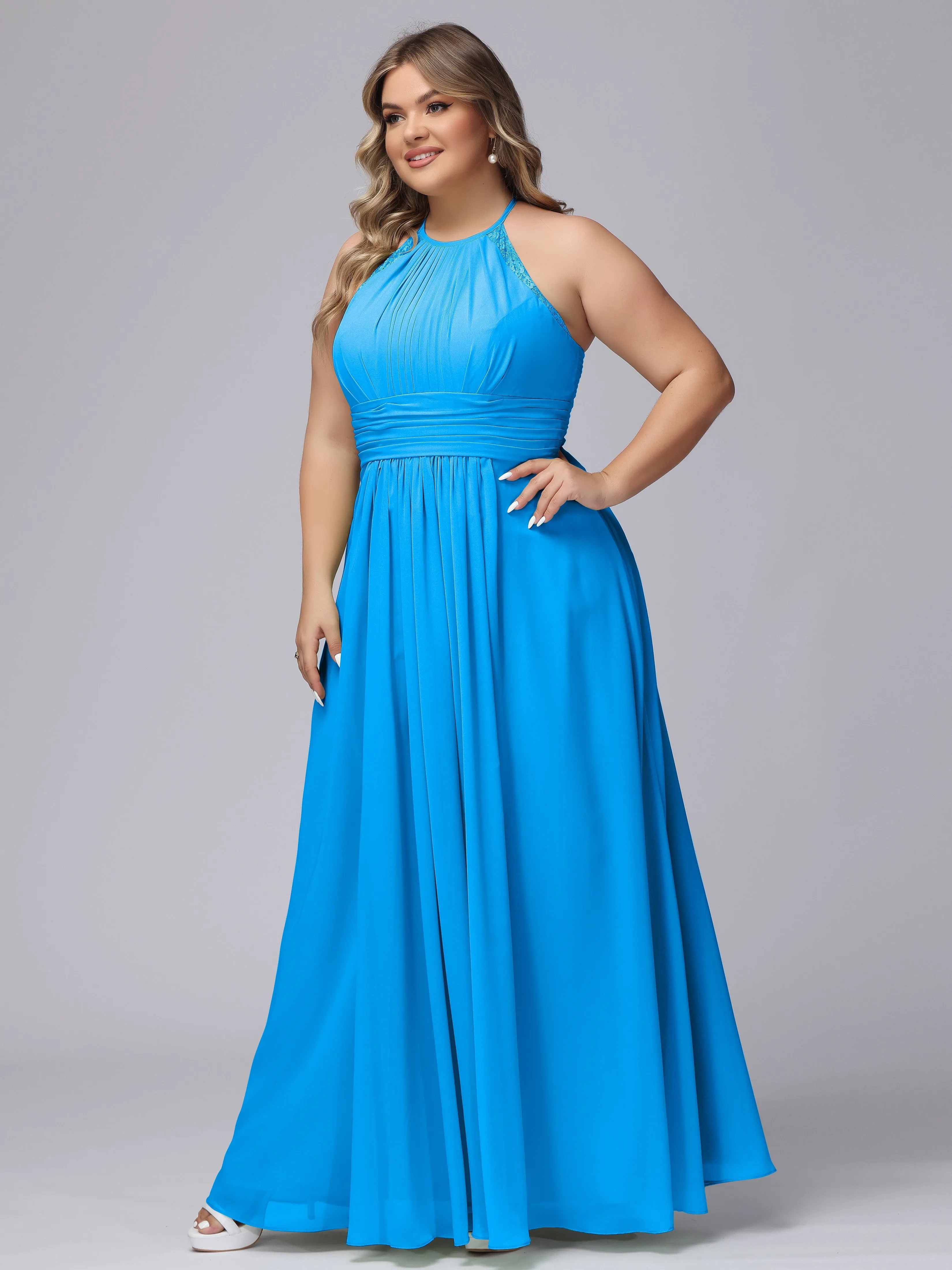 Halter Sleeveless Long Plus Size Chiffon Bridesmaid Dresses