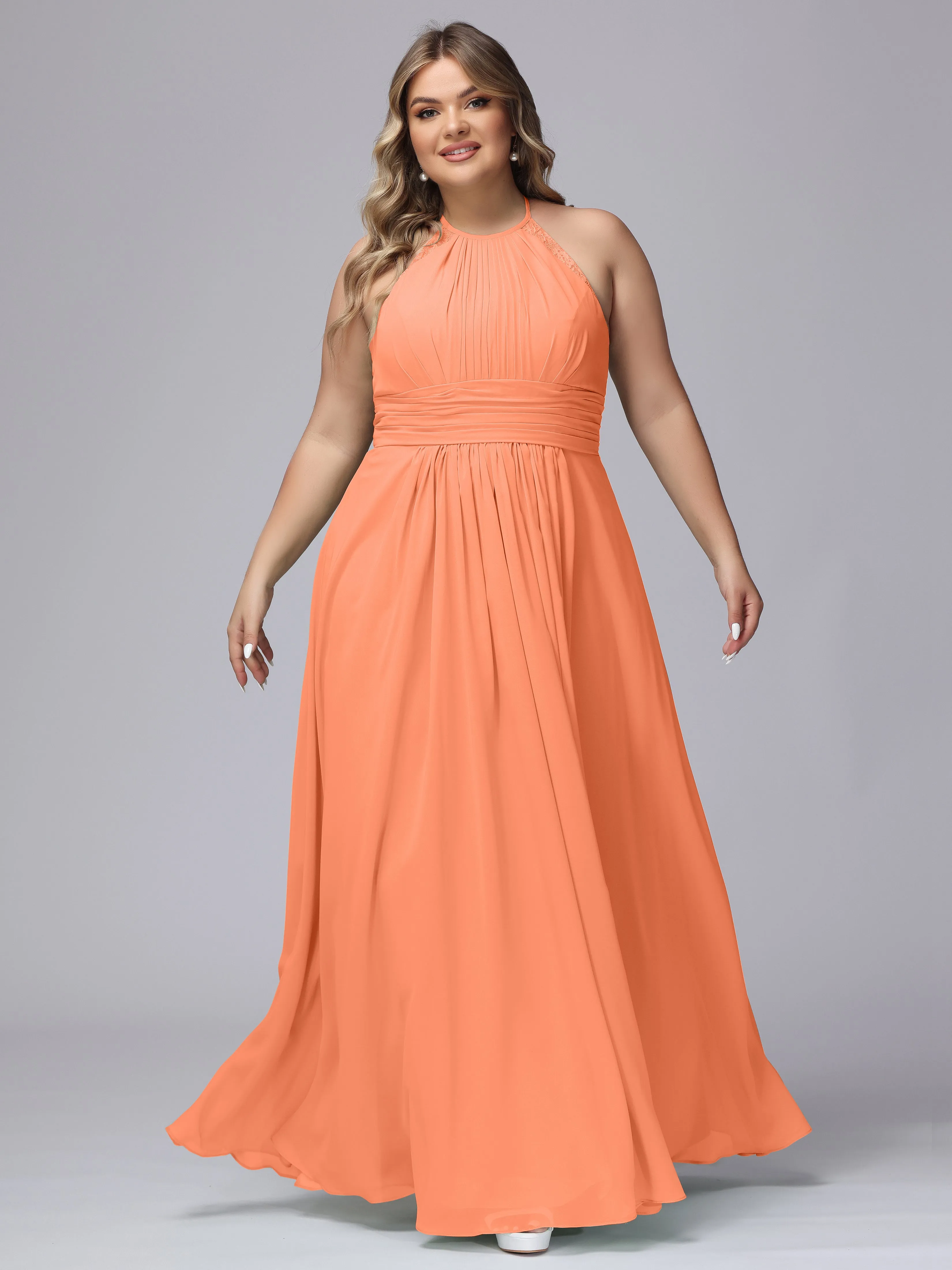 Halter Sleeveless Long Plus Size Chiffon Bridesmaid Dresses