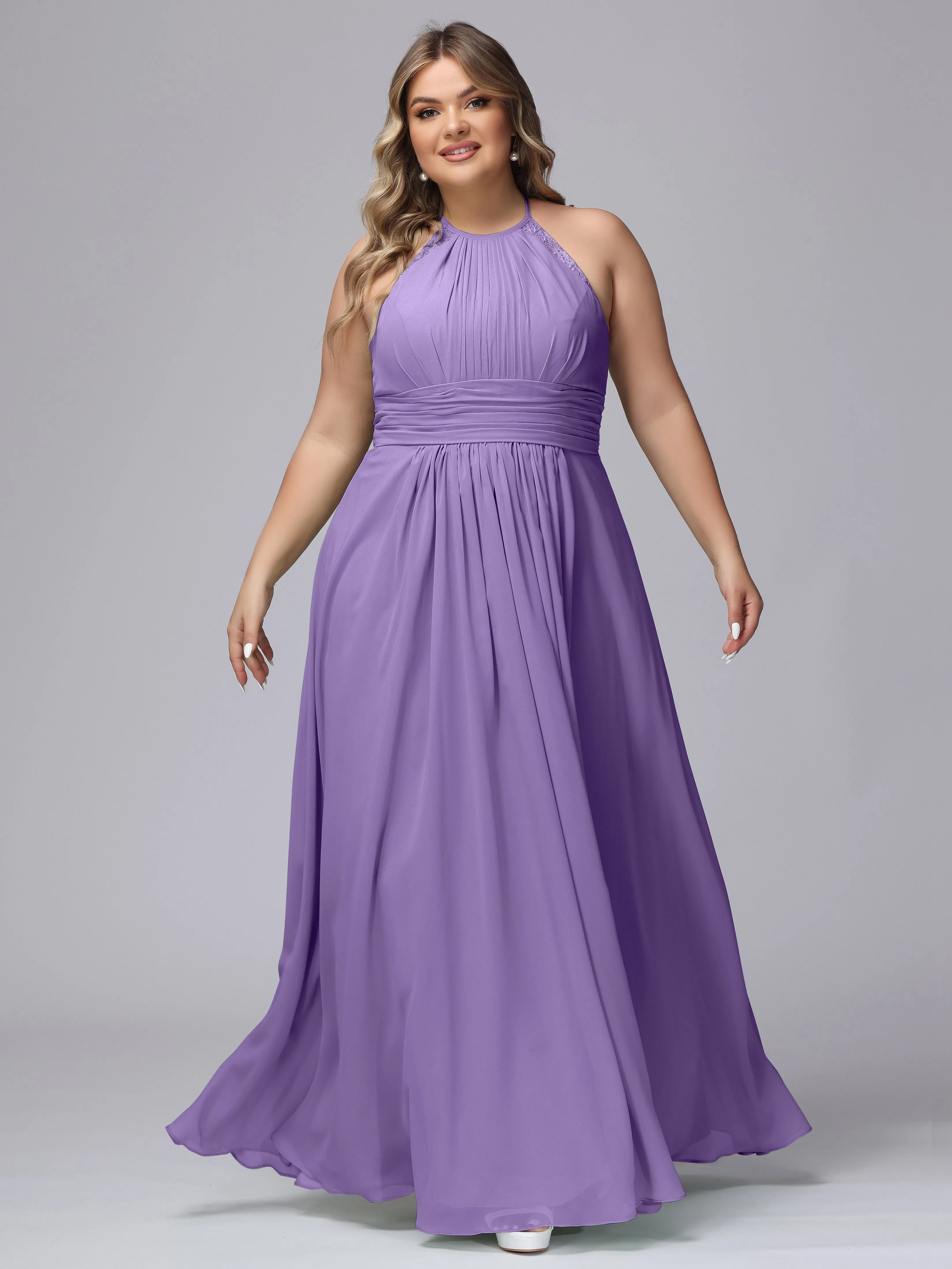 Halter Sleeveless Long Plus Size Chiffon Bridesmaid Dresses