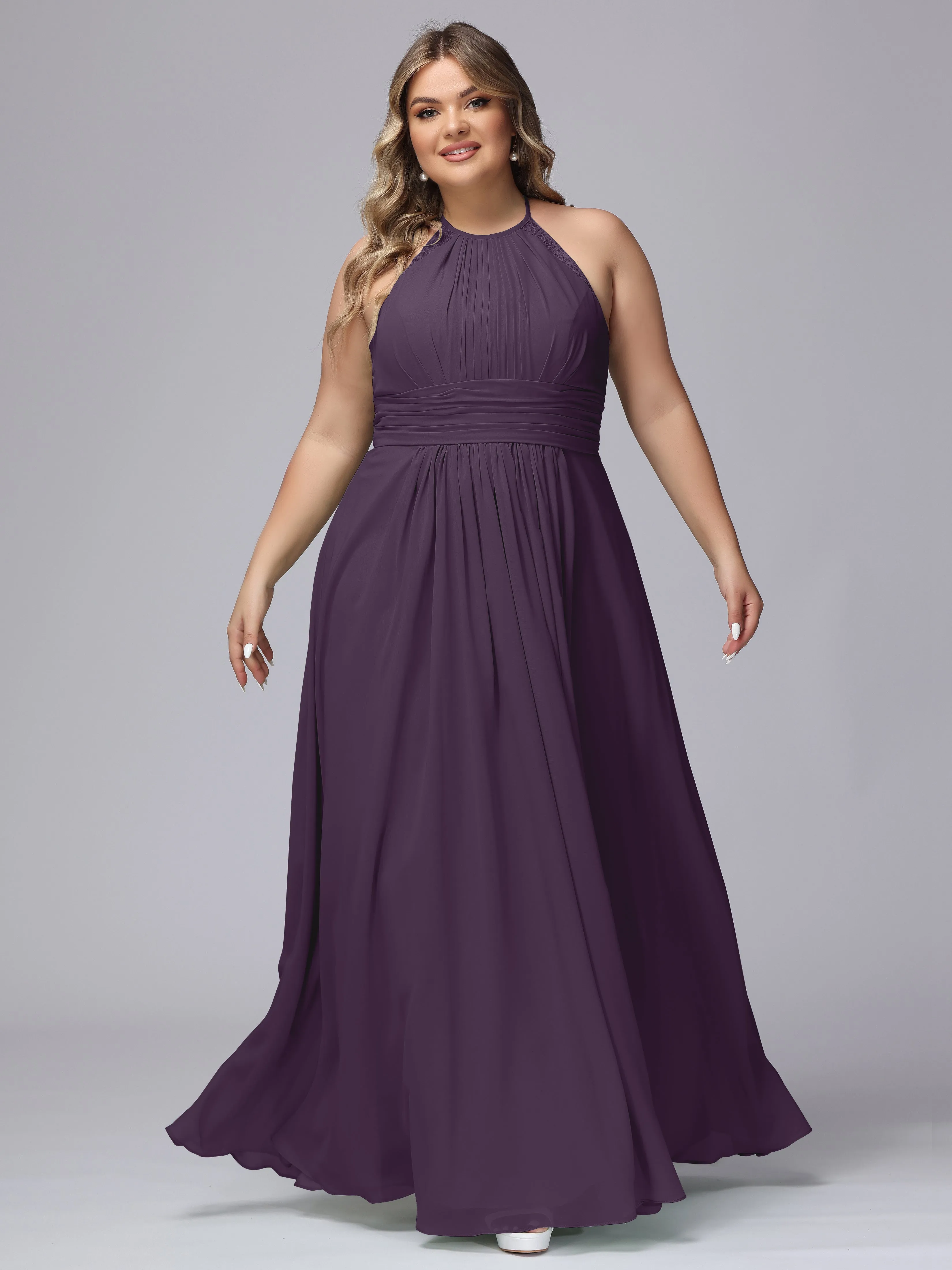 Halter Sleeveless Long Plus Size Chiffon Bridesmaid Dresses