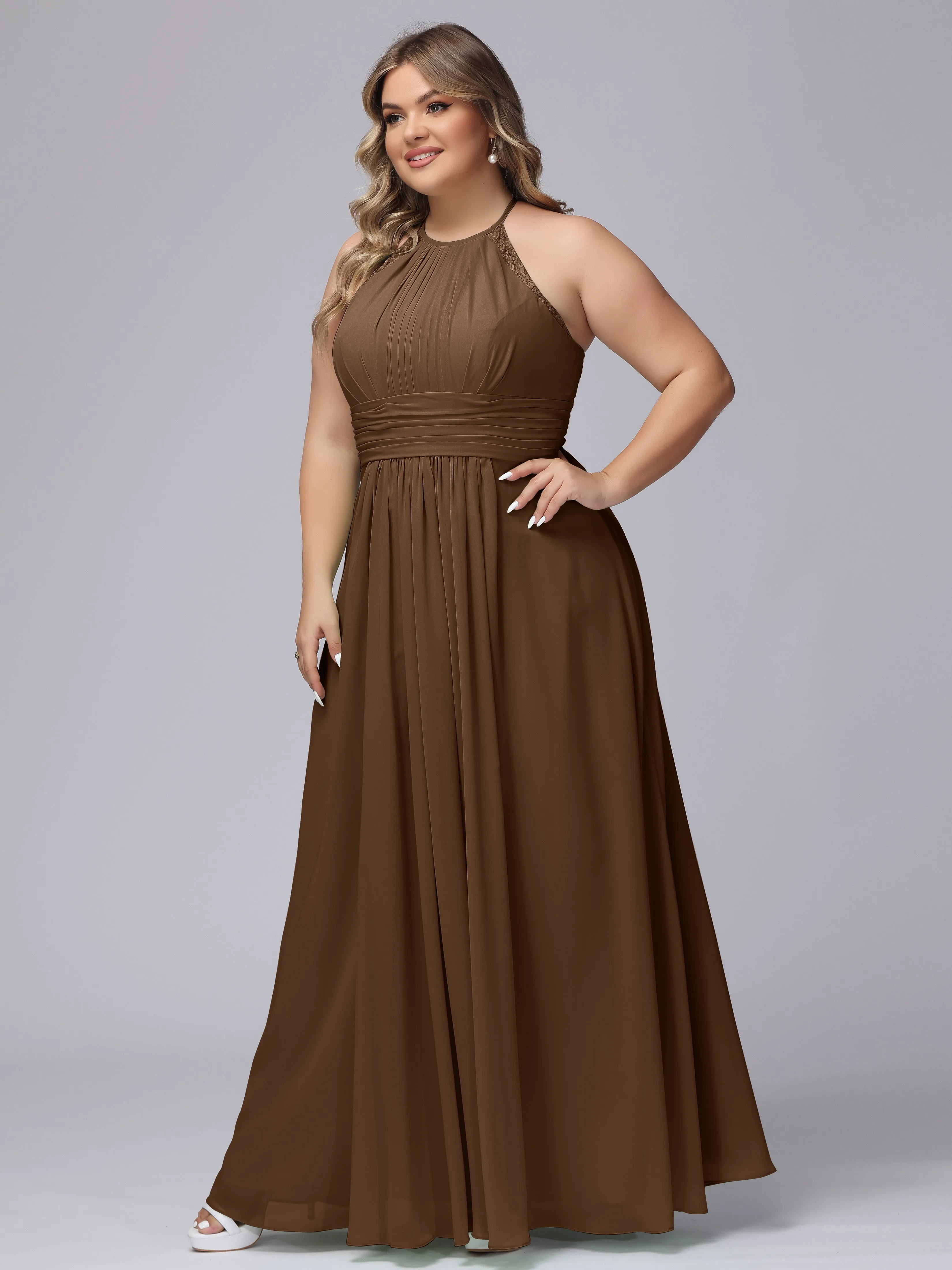 Halter Sleeveless Long Plus Size Chiffon Bridesmaid Dresses