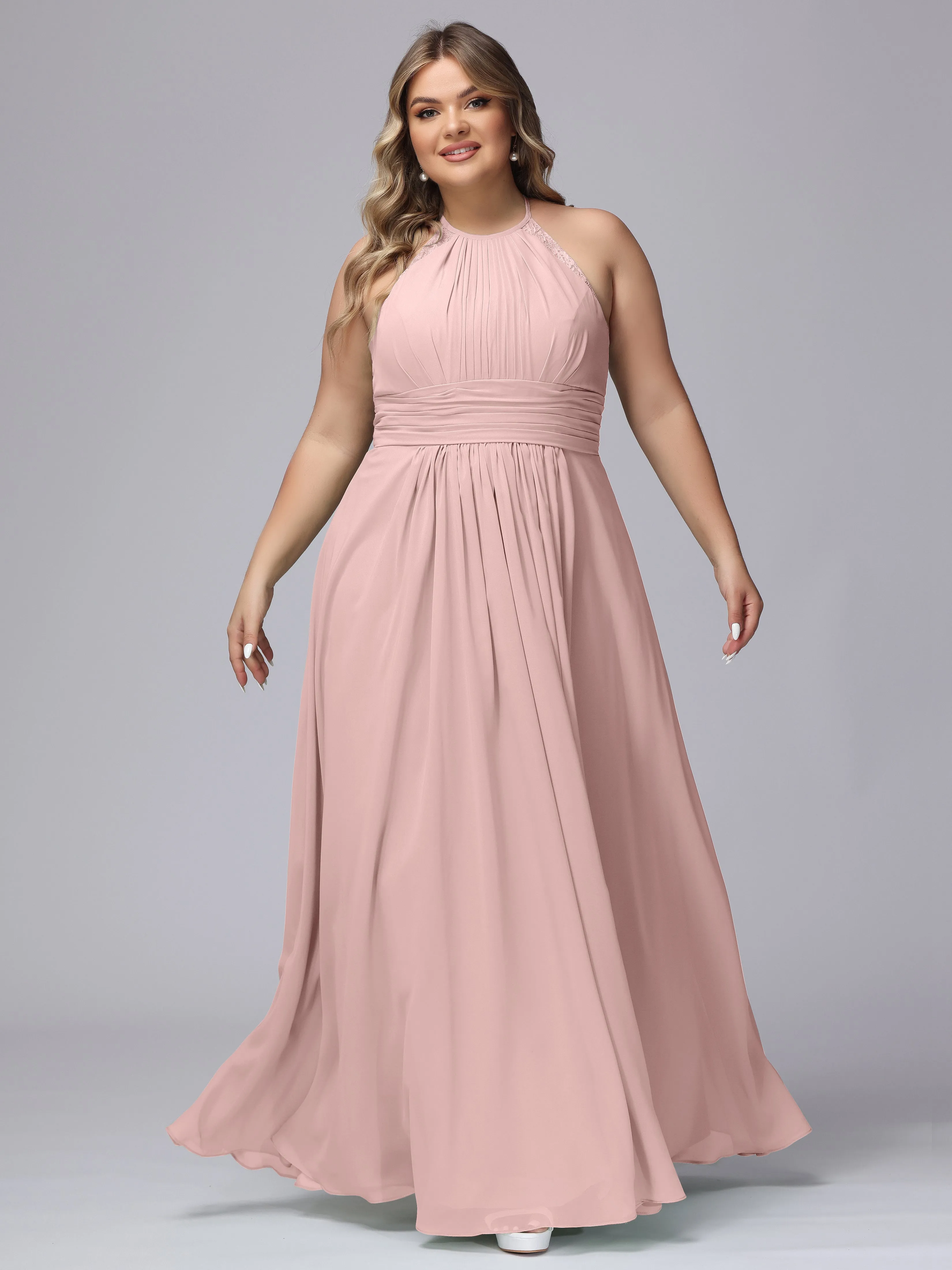 Halter Sleeveless Long Plus Size Chiffon Bridesmaid Dresses