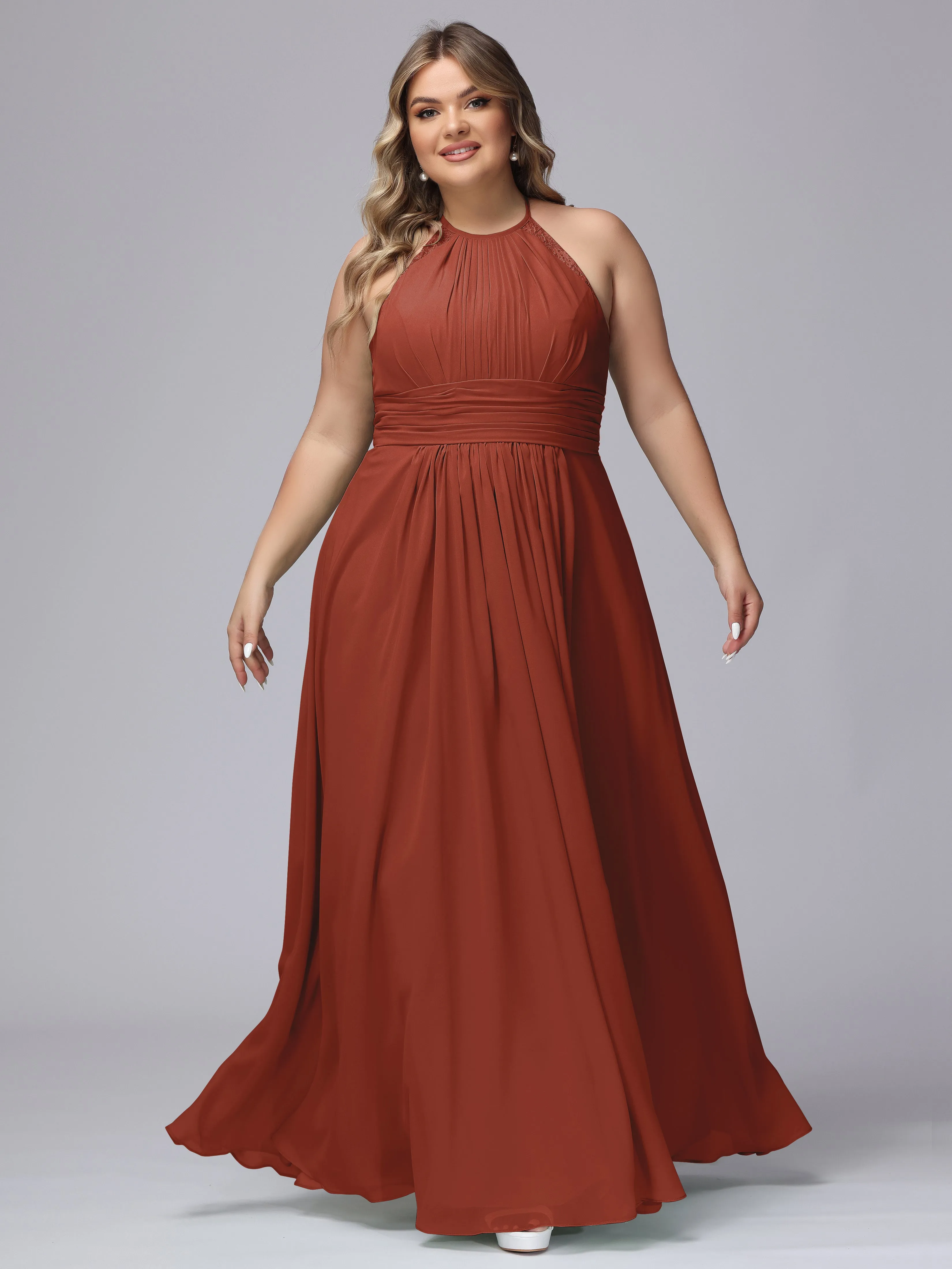 Halter Sleeveless Long Plus Size Chiffon Bridesmaid Dresses