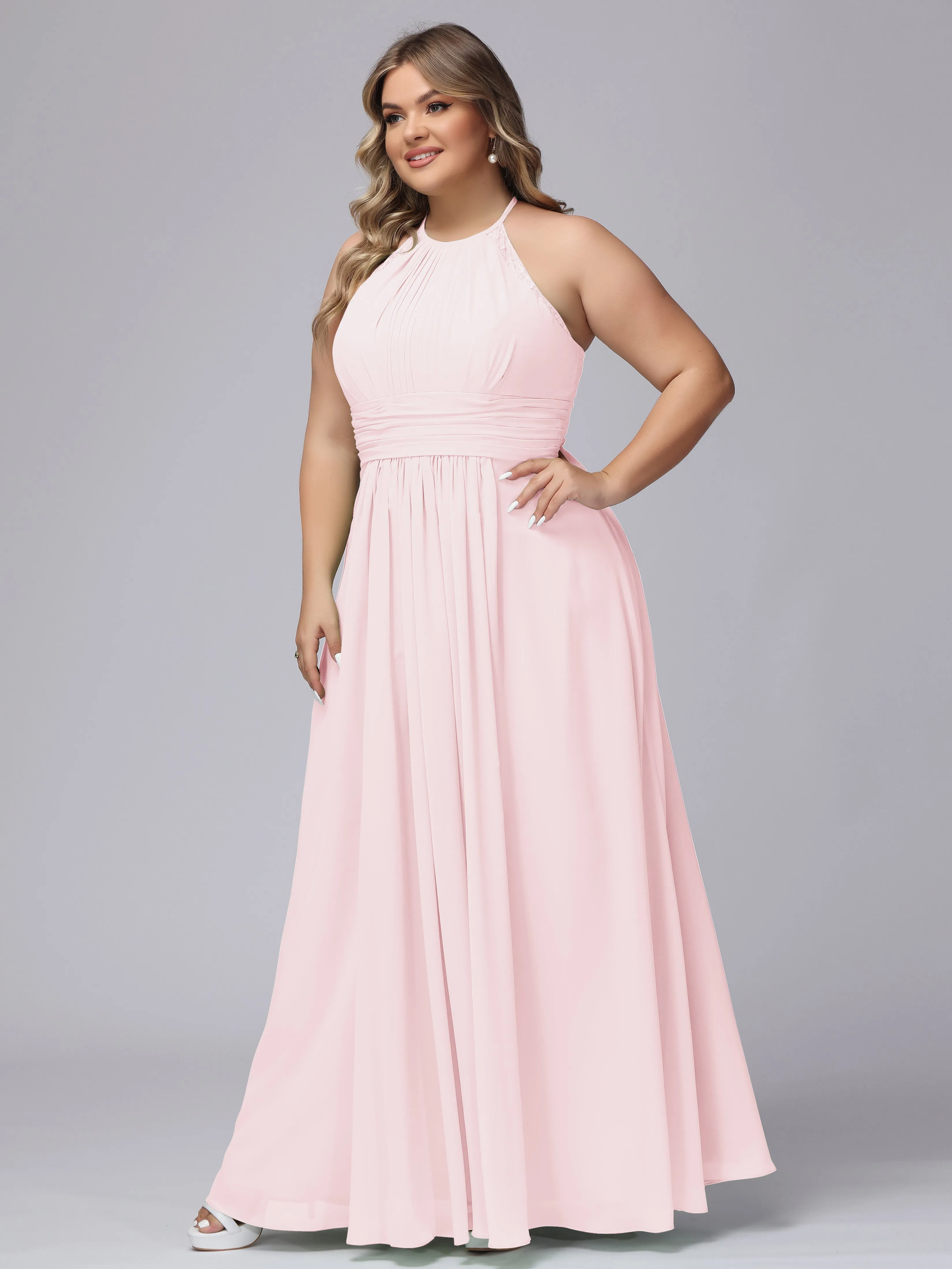 Halter Sleeveless Long Plus Size Chiffon Bridesmaid Dresses