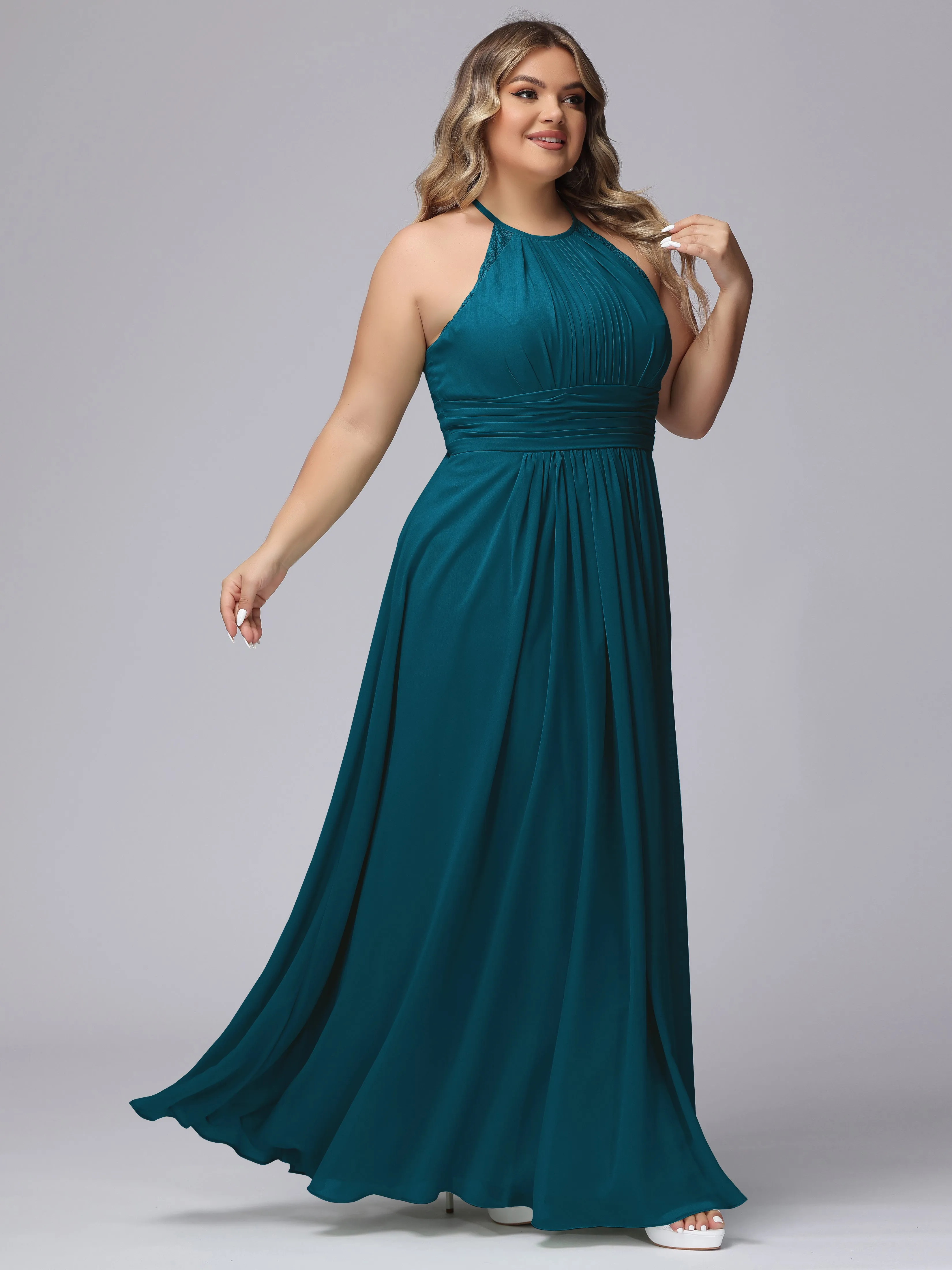 Halter Sleeveless Long Plus Size Chiffon Bridesmaid Dresses