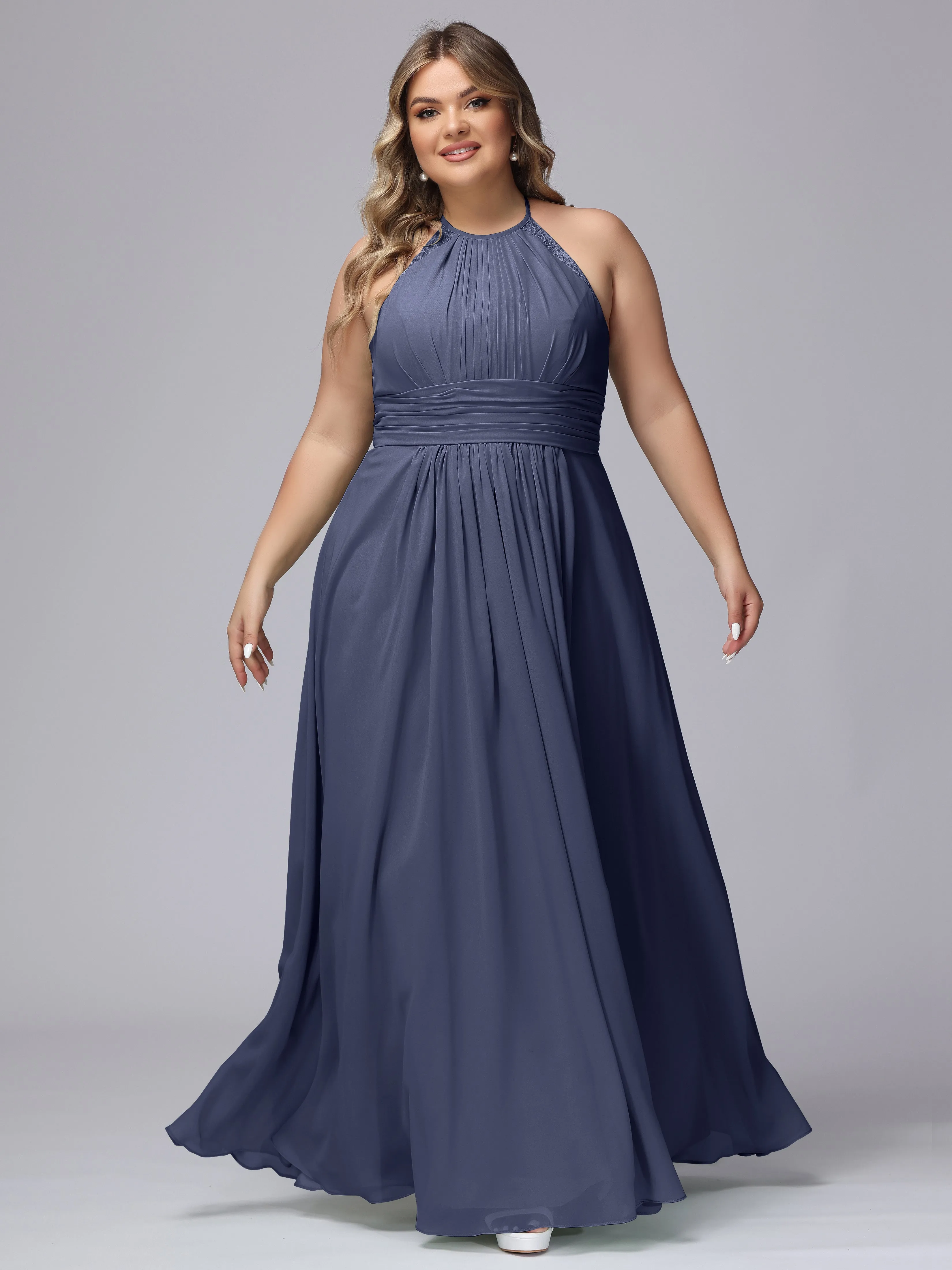 Halter Sleeveless Long Plus Size Chiffon Bridesmaid Dresses