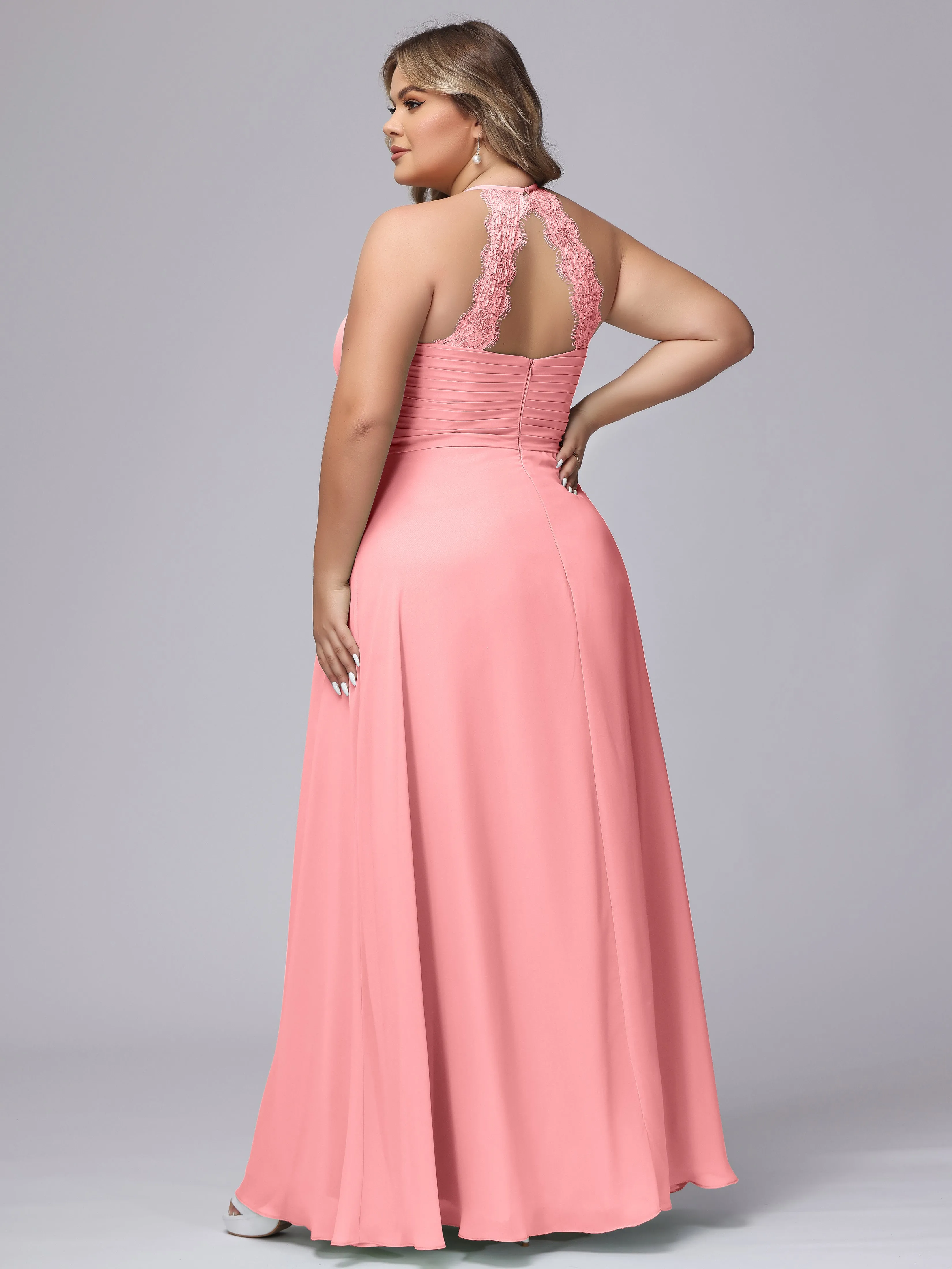 Halter Sleeveless Long Plus Size Chiffon Bridesmaid Dresses
