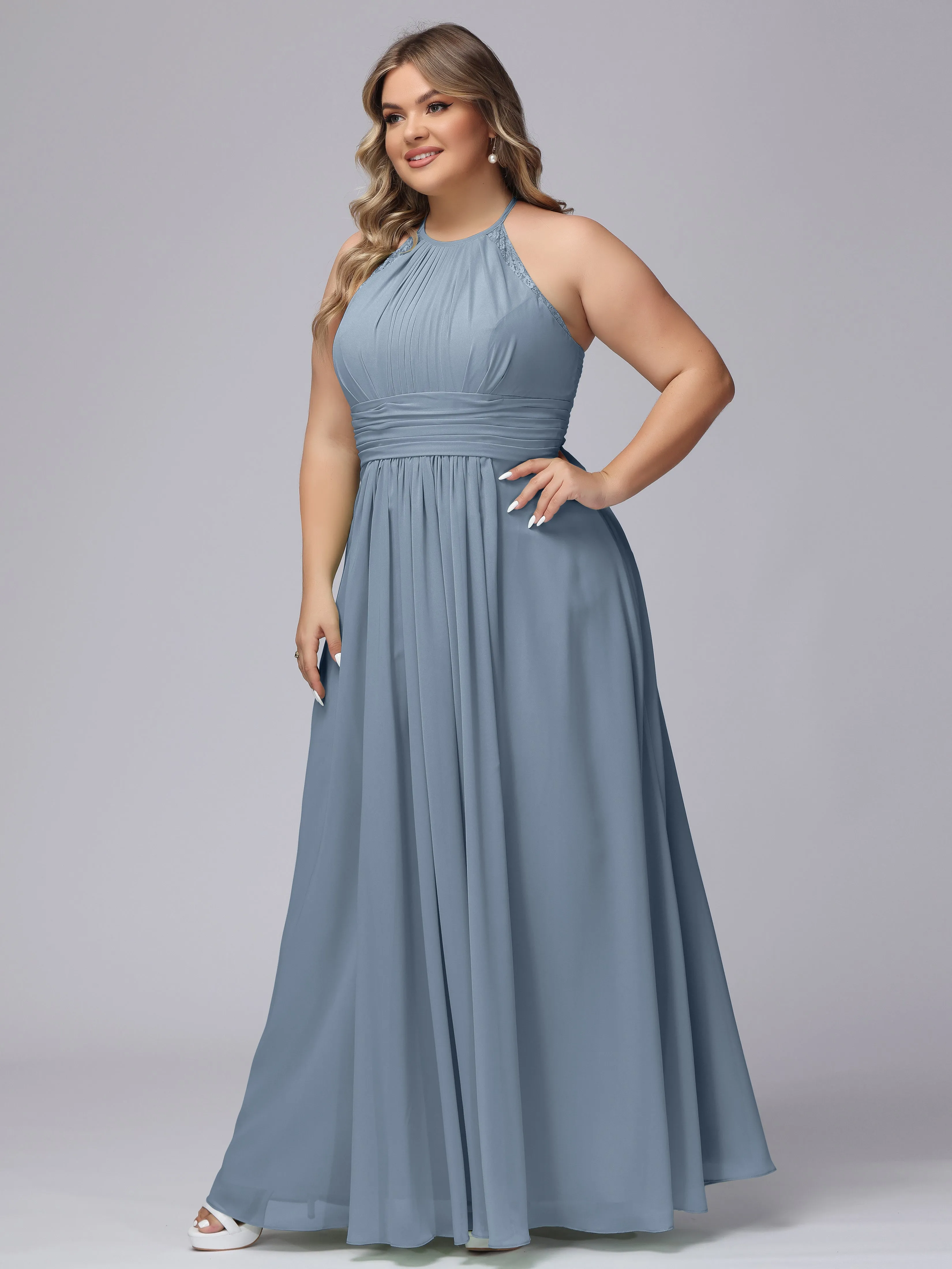 Halter Sleeveless Long Plus Size Chiffon Bridesmaid Dresses
