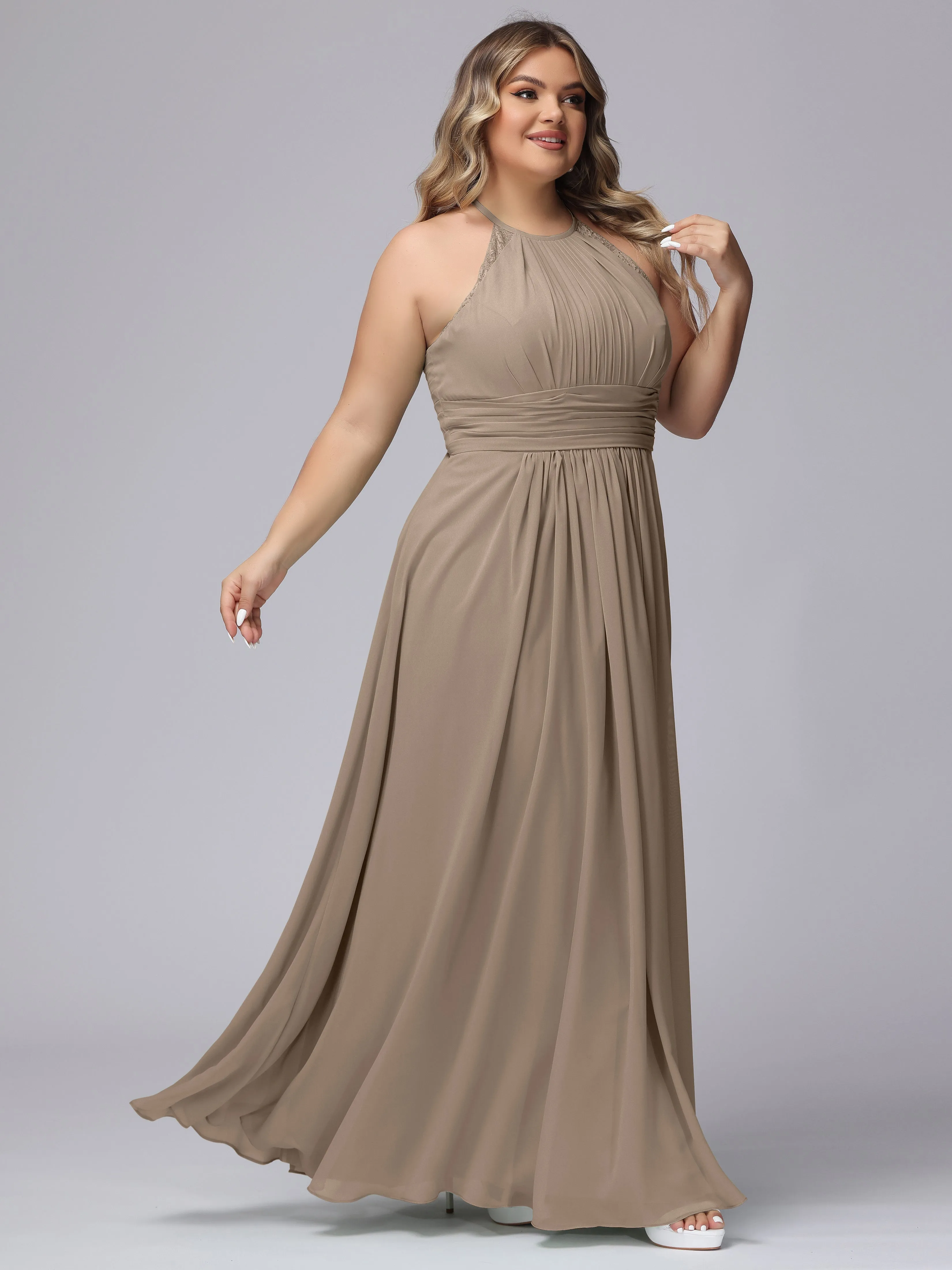 Halter Sleeveless Long Plus Size Chiffon Bridesmaid Dresses