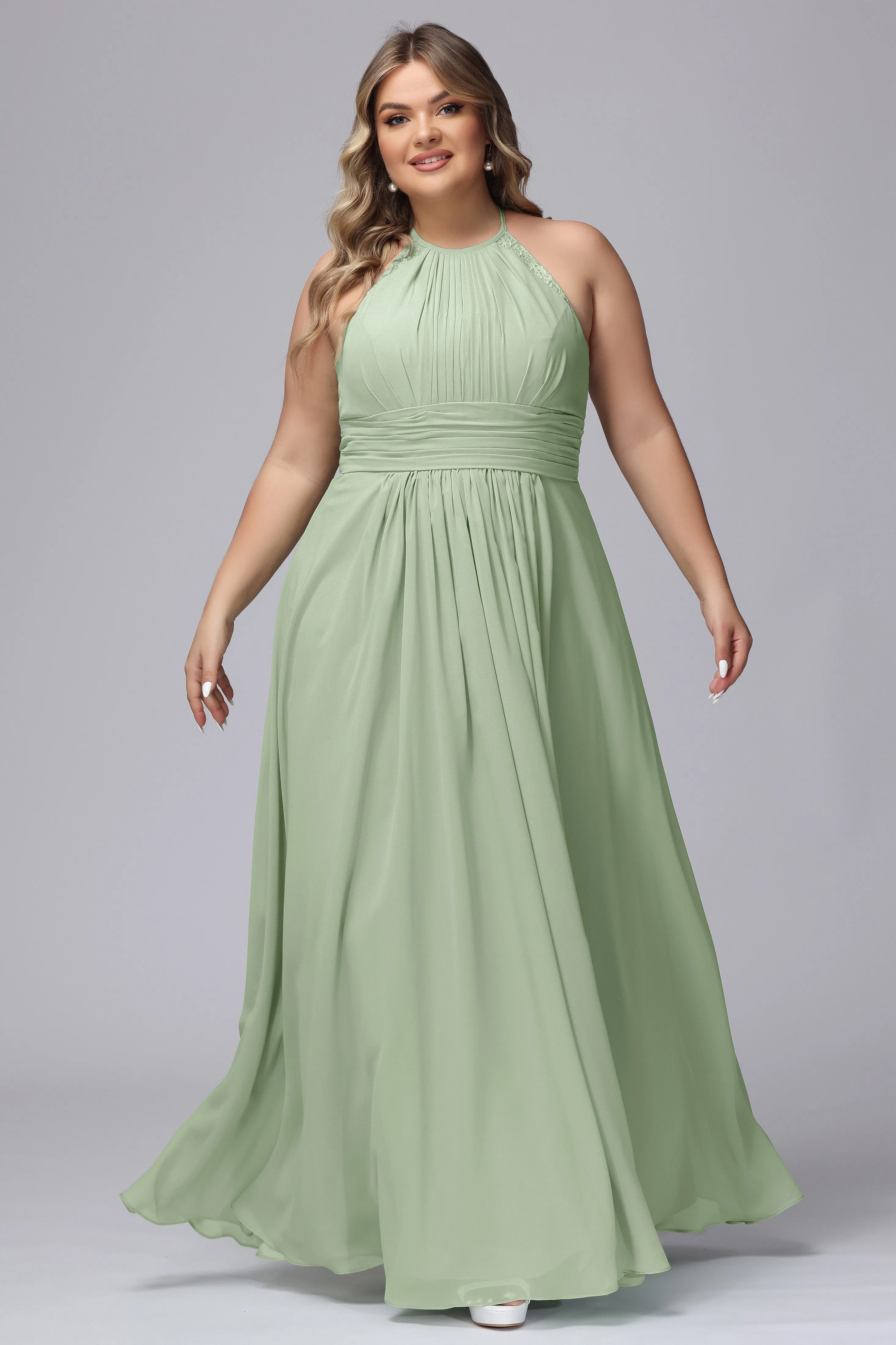 Halter Sleeveless Long Plus Size Chiffon Bridesmaid Dresses