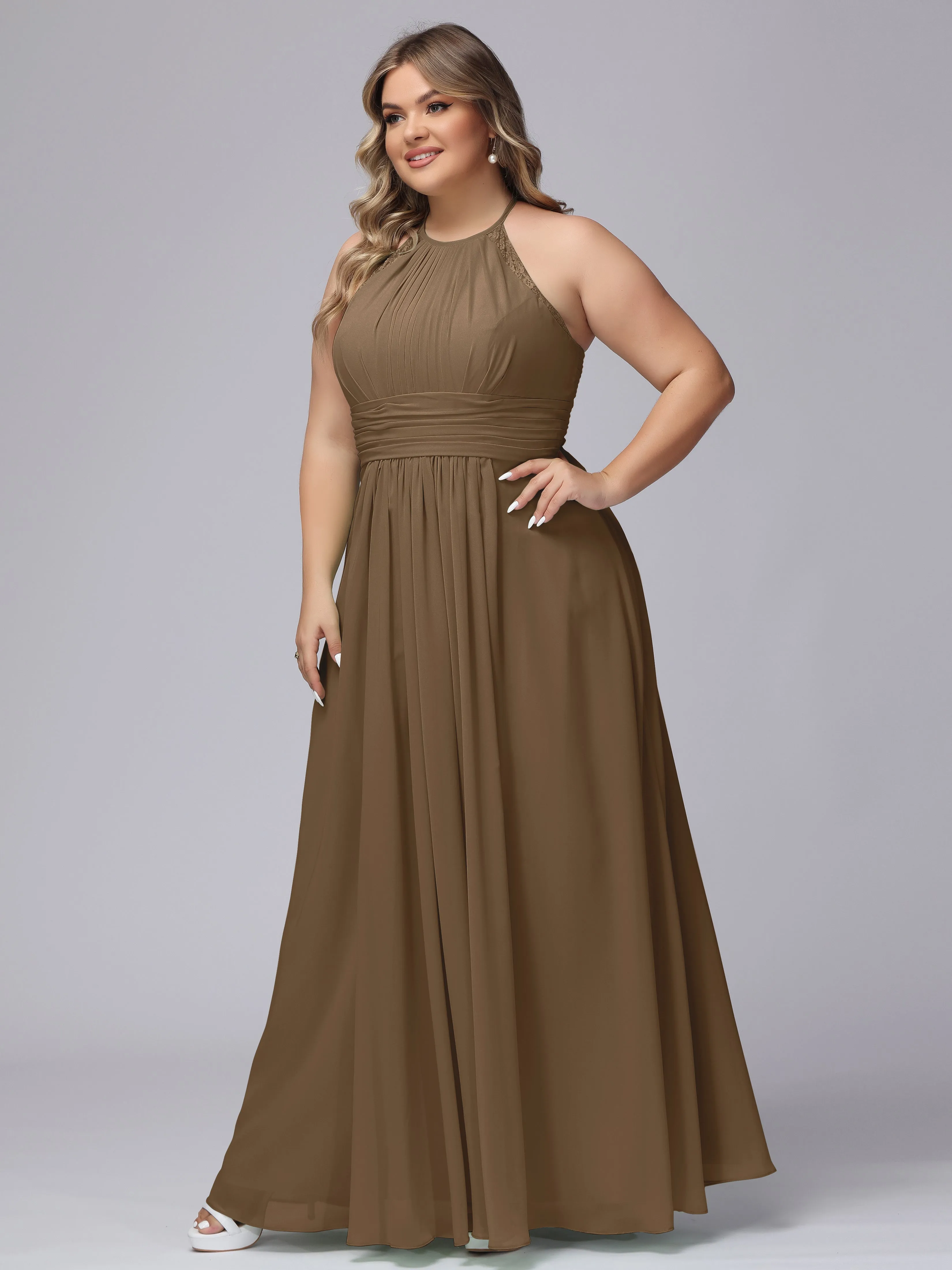 Halter Sleeveless Long Plus Size Chiffon Bridesmaid Dresses