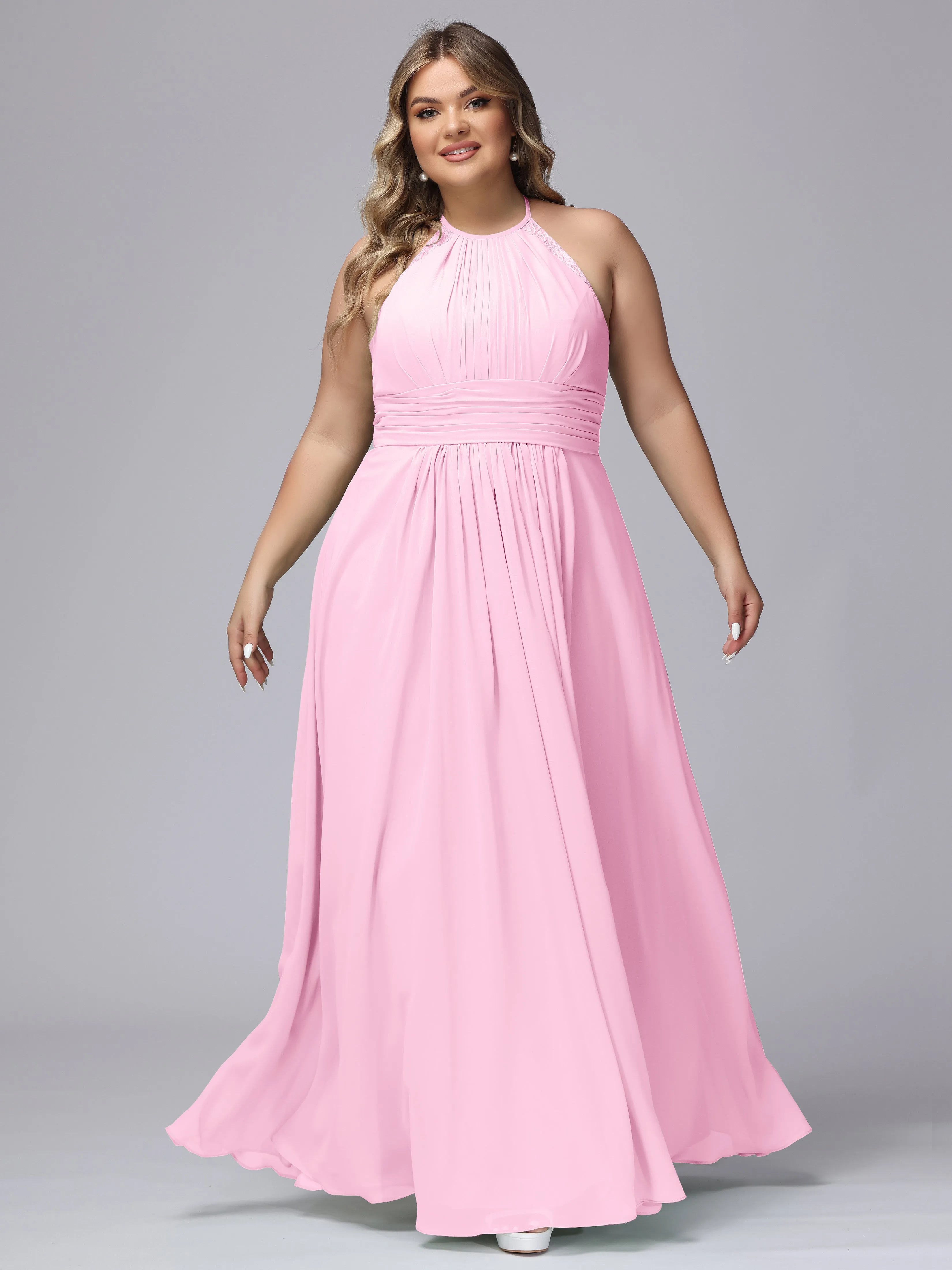 Halter Sleeveless Long Plus Size Chiffon Bridesmaid Dresses