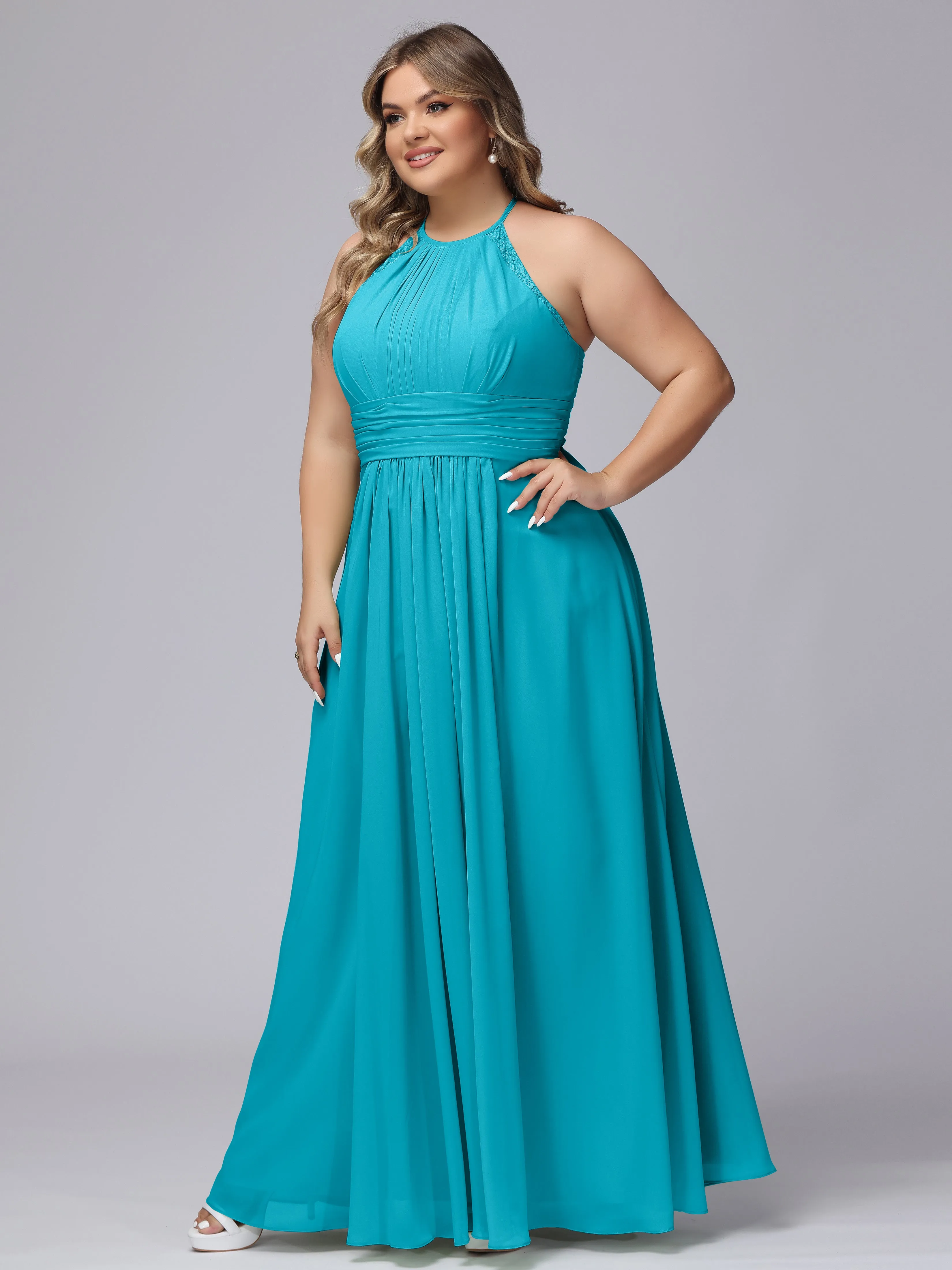 Halter Sleeveless Long Plus Size Chiffon Bridesmaid Dresses