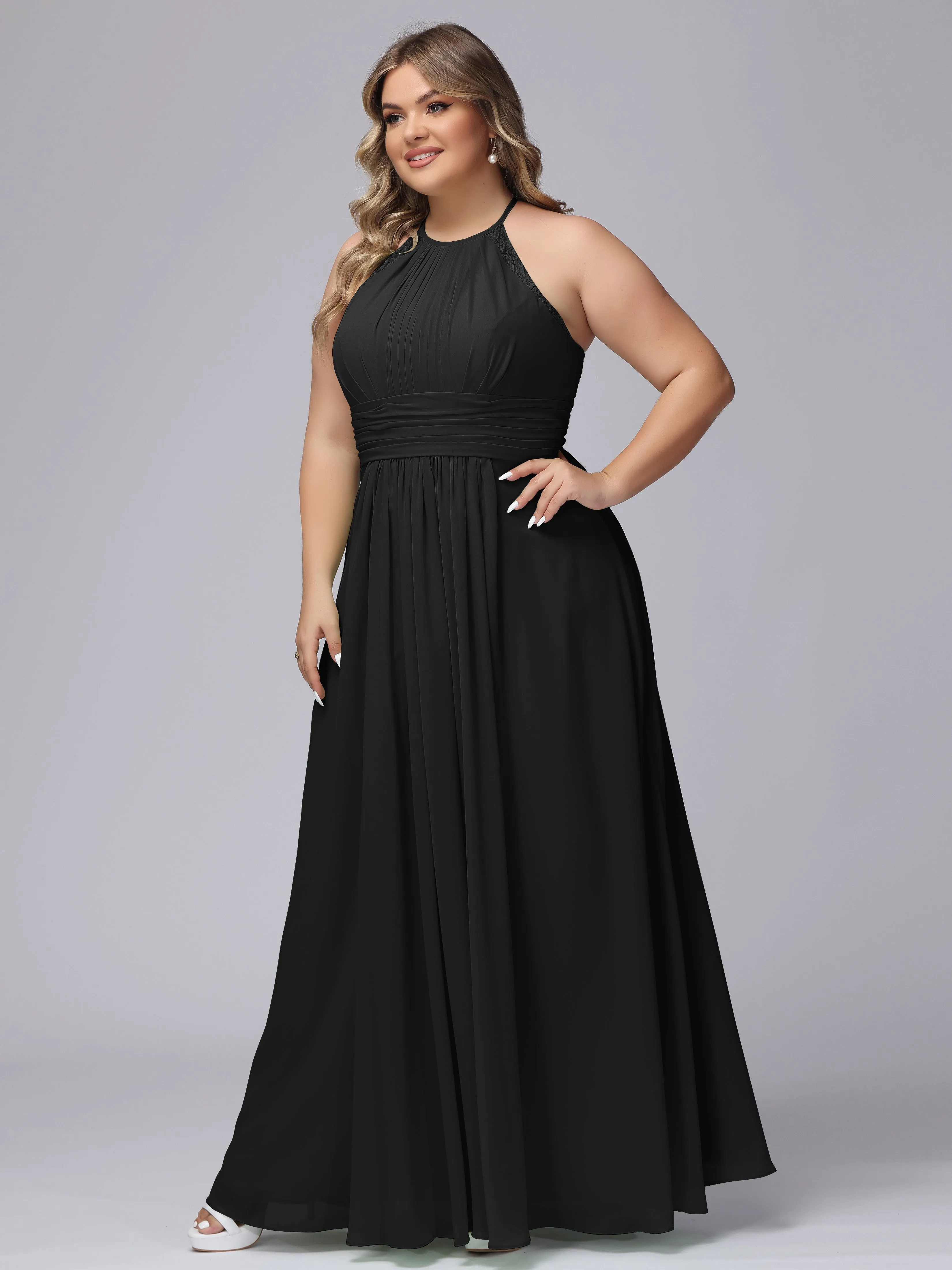 Halter Sleeveless Long Plus Size Chiffon Bridesmaid Dresses