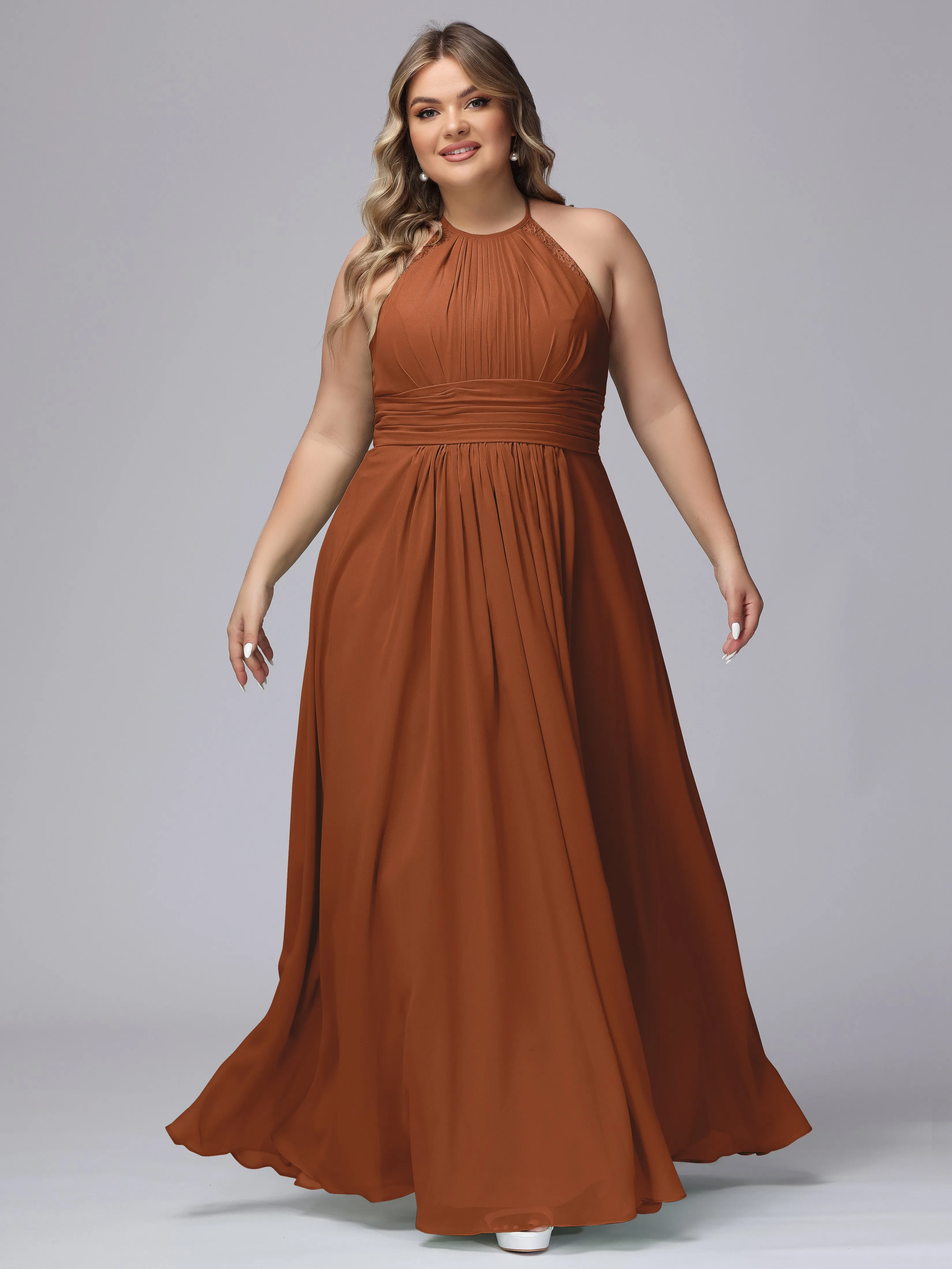 Halter Sleeveless Long Plus Size Chiffon Bridesmaid Dresses