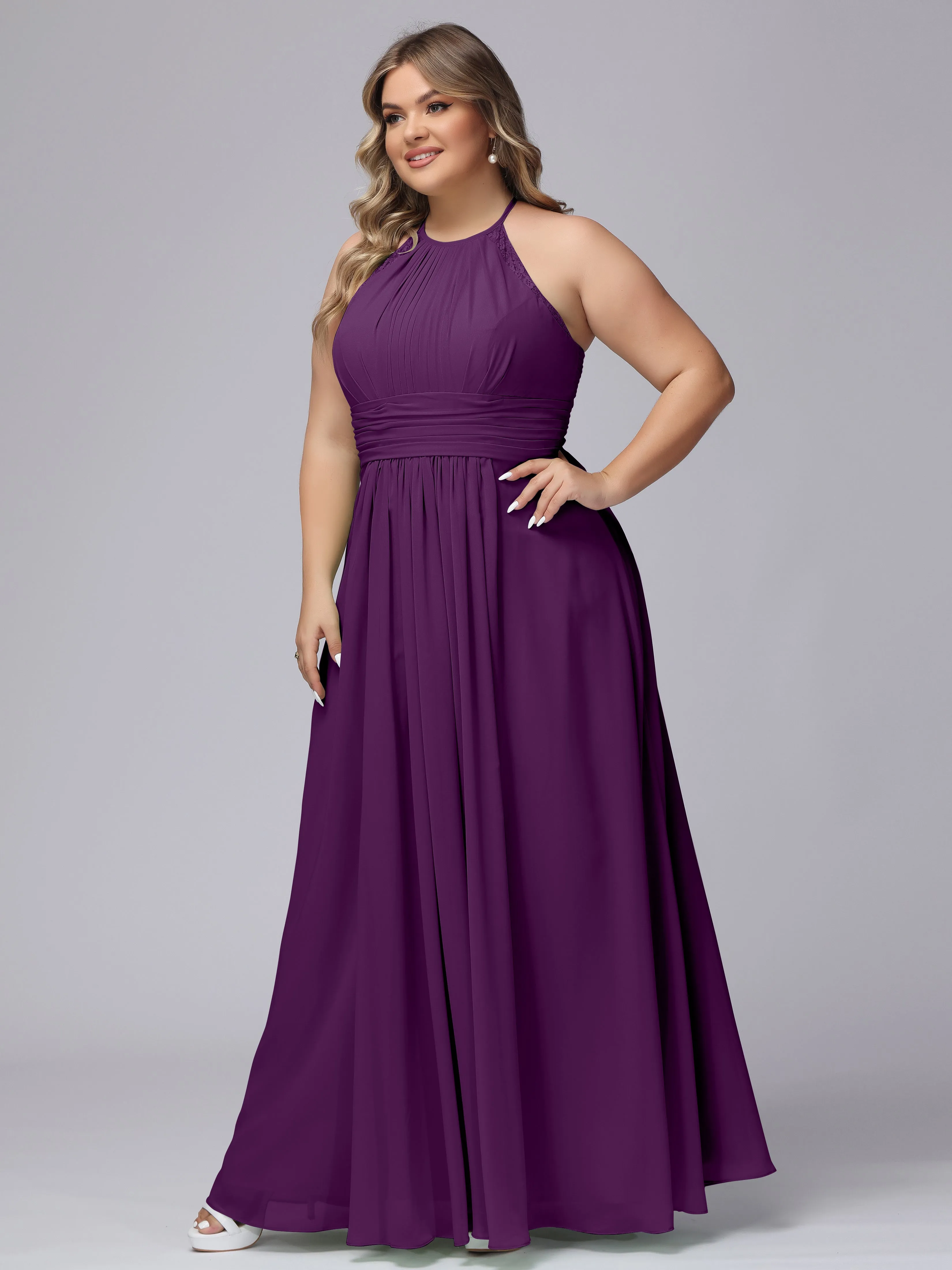 Halter Sleeveless Long Plus Size Chiffon Bridesmaid Dresses