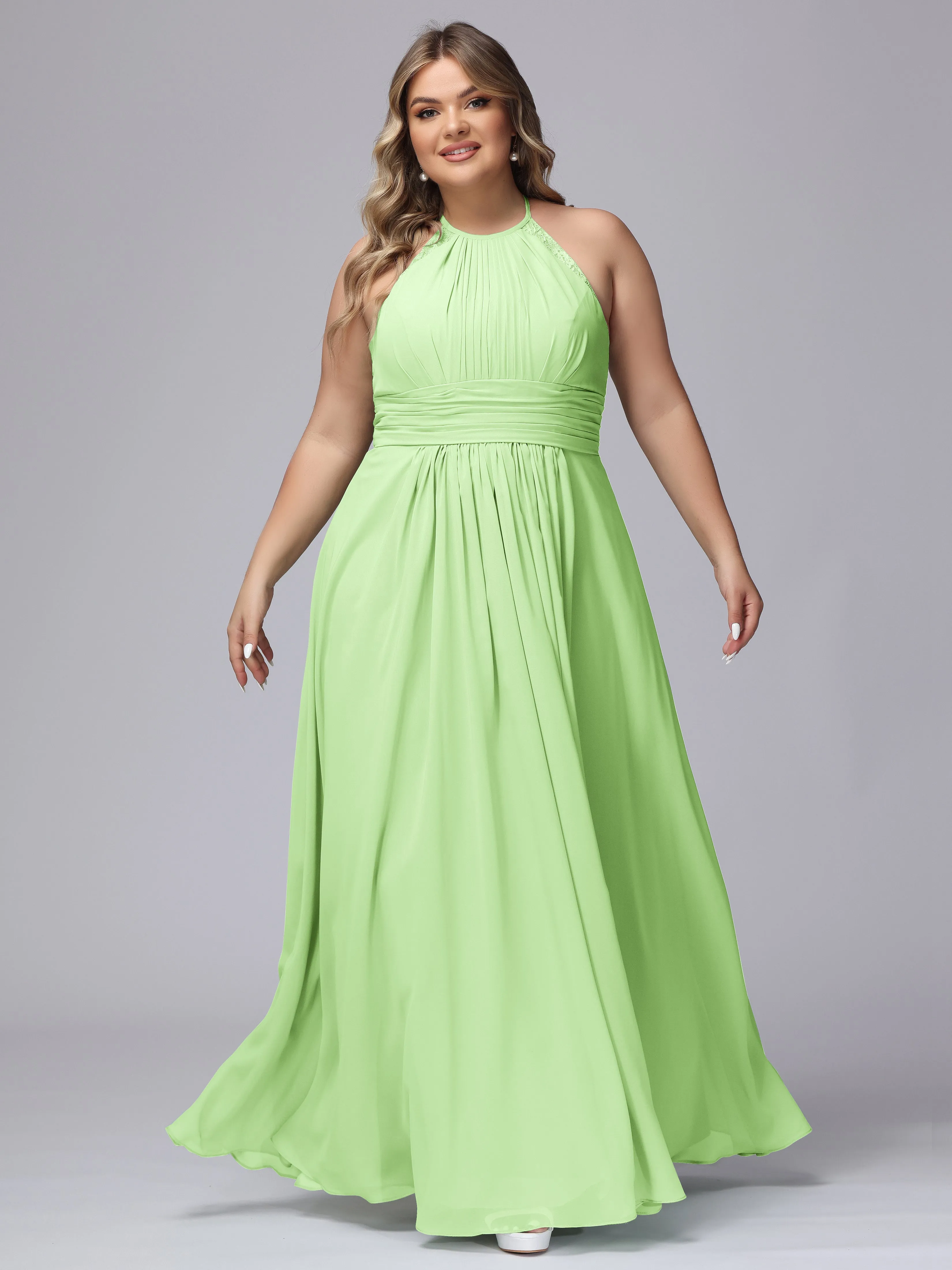 Halter Sleeveless Long Plus Size Chiffon Bridesmaid Dresses