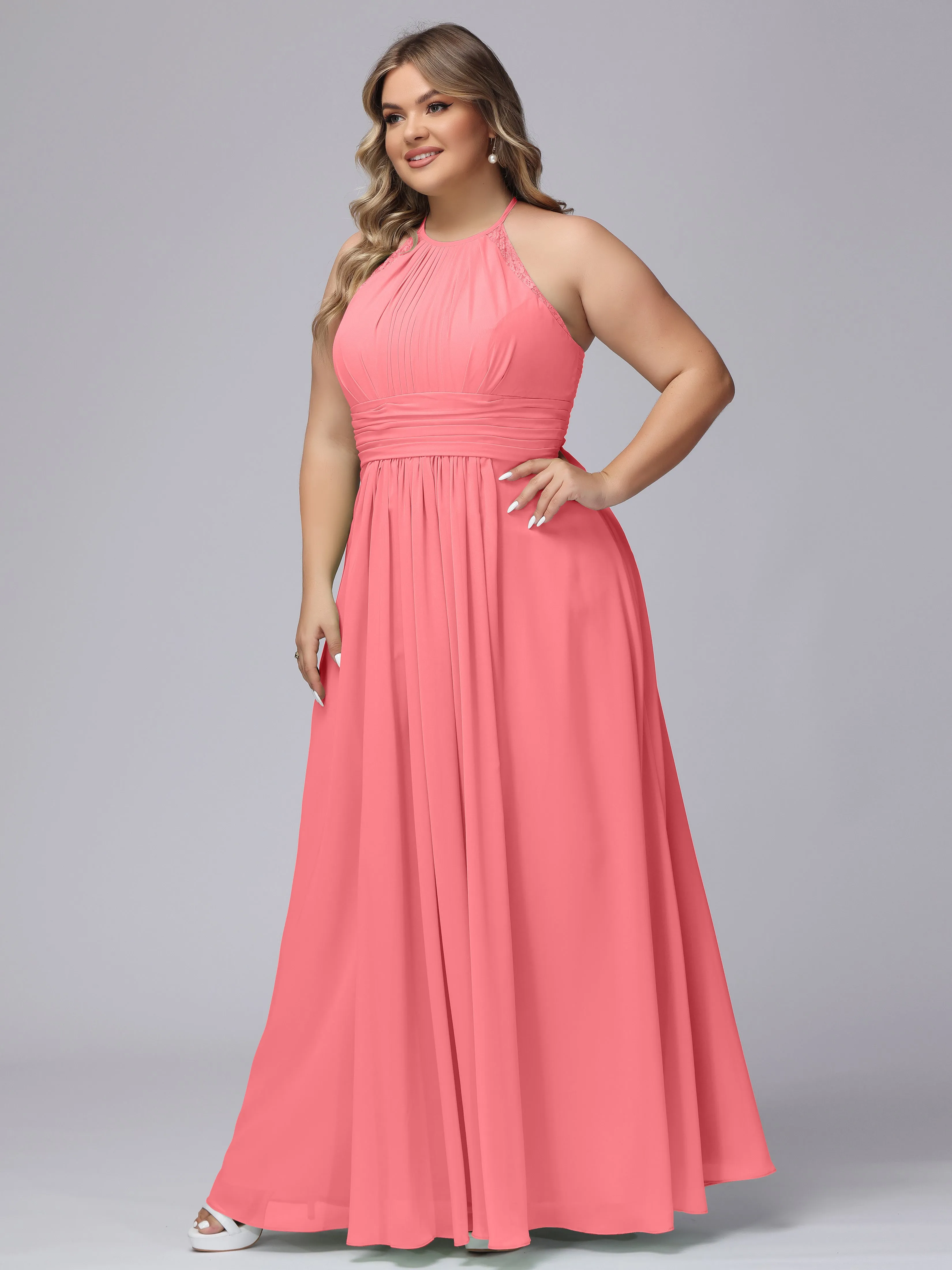 Halter Sleeveless Long Plus Size Chiffon Bridesmaid Dresses