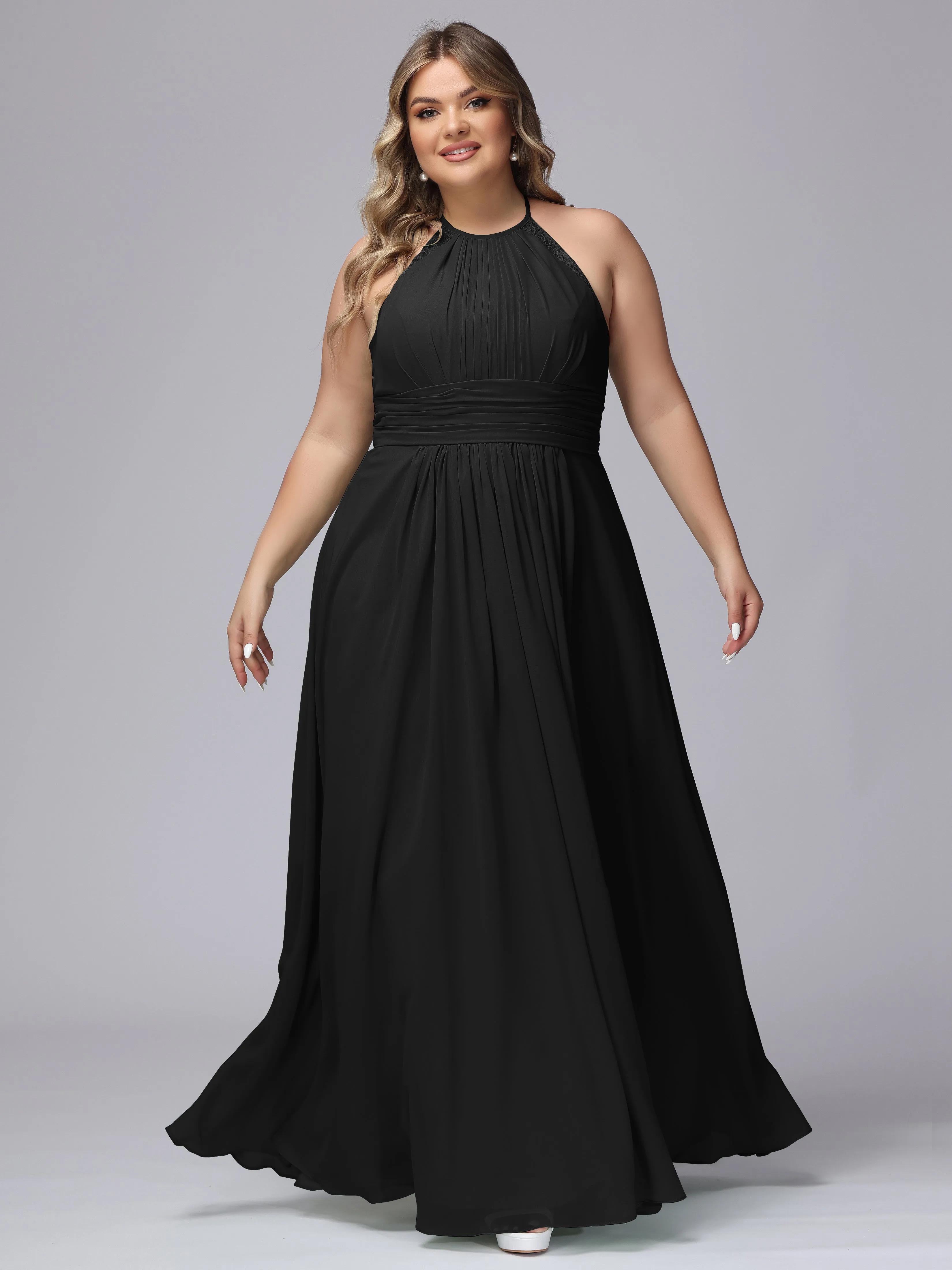 Halter Sleeveless Long Plus Size Chiffon Bridesmaid Dresses