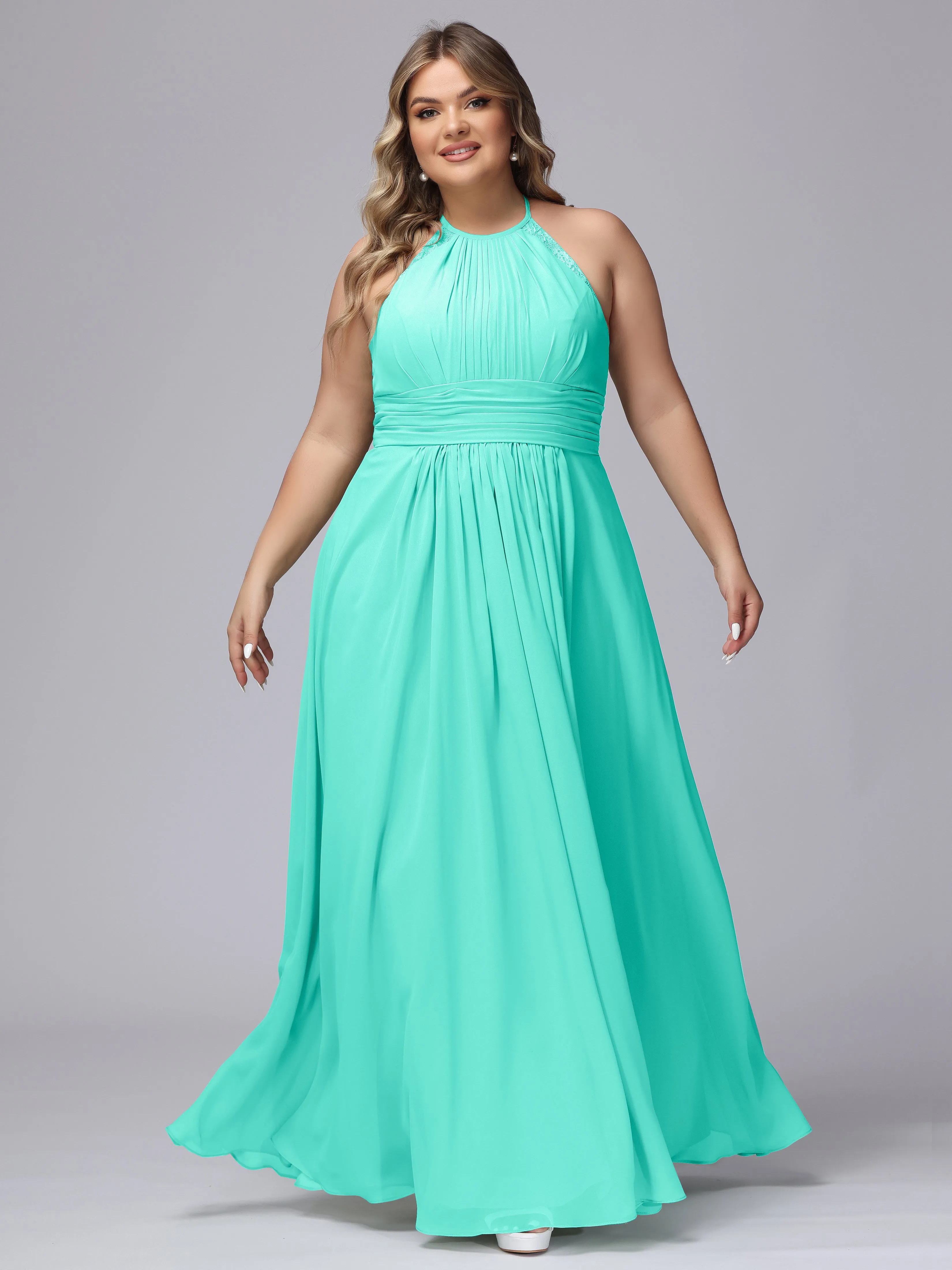 Halter Sleeveless Long Plus Size Chiffon Bridesmaid Dresses