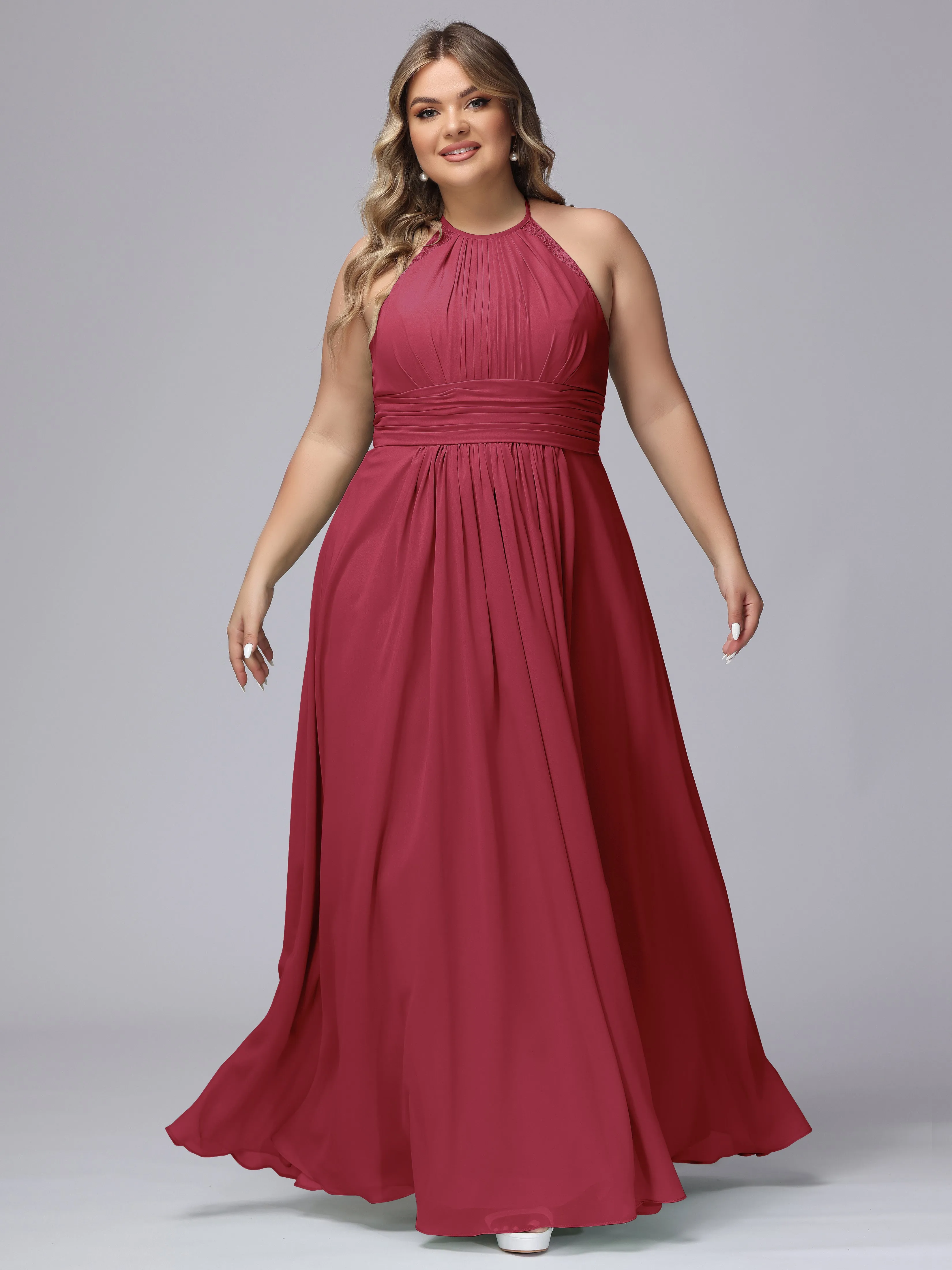Halter Sleeveless Long Plus Size Chiffon Bridesmaid Dresses