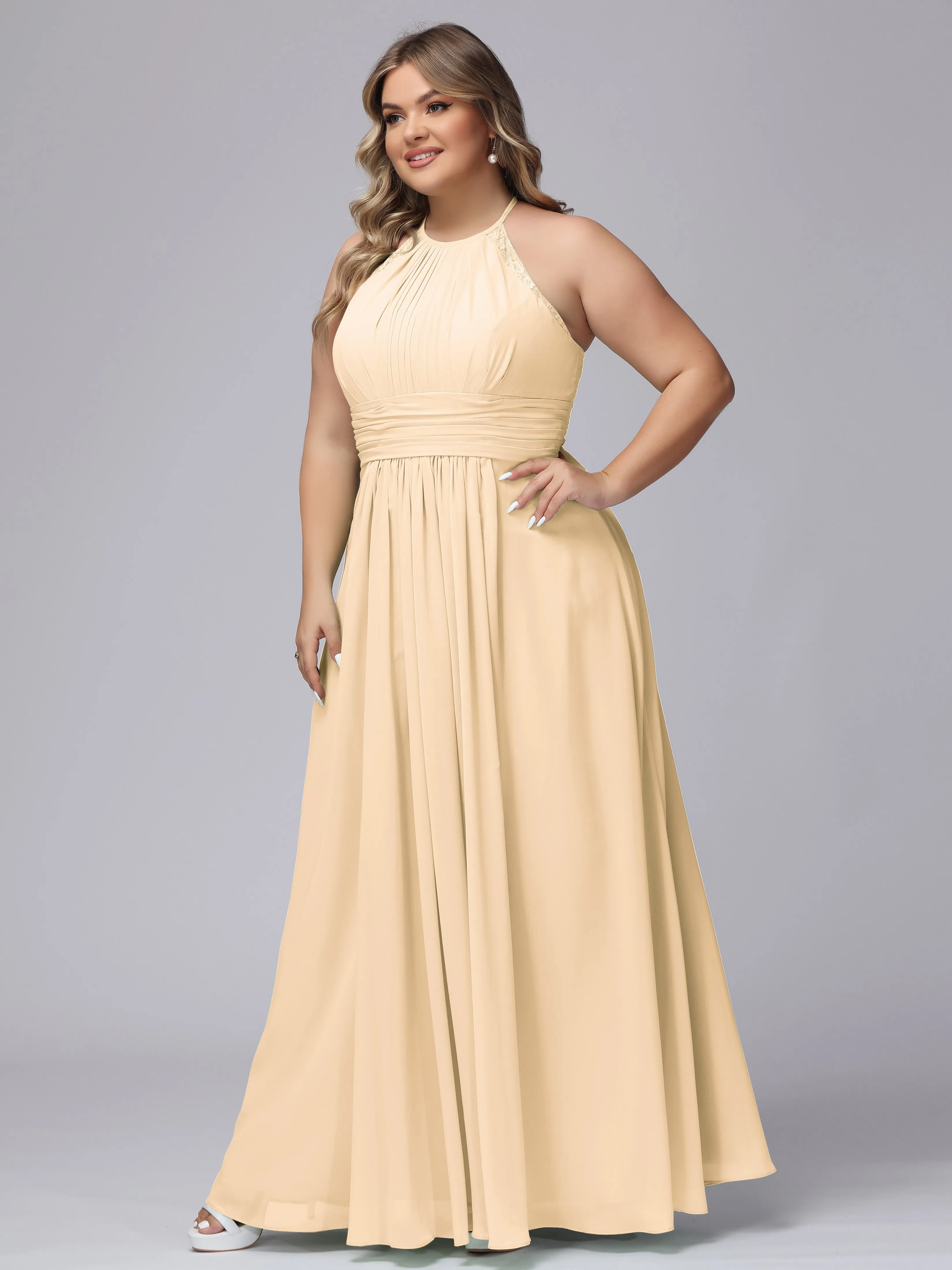 Halter Sleeveless Long Plus Size Chiffon Bridesmaid Dresses