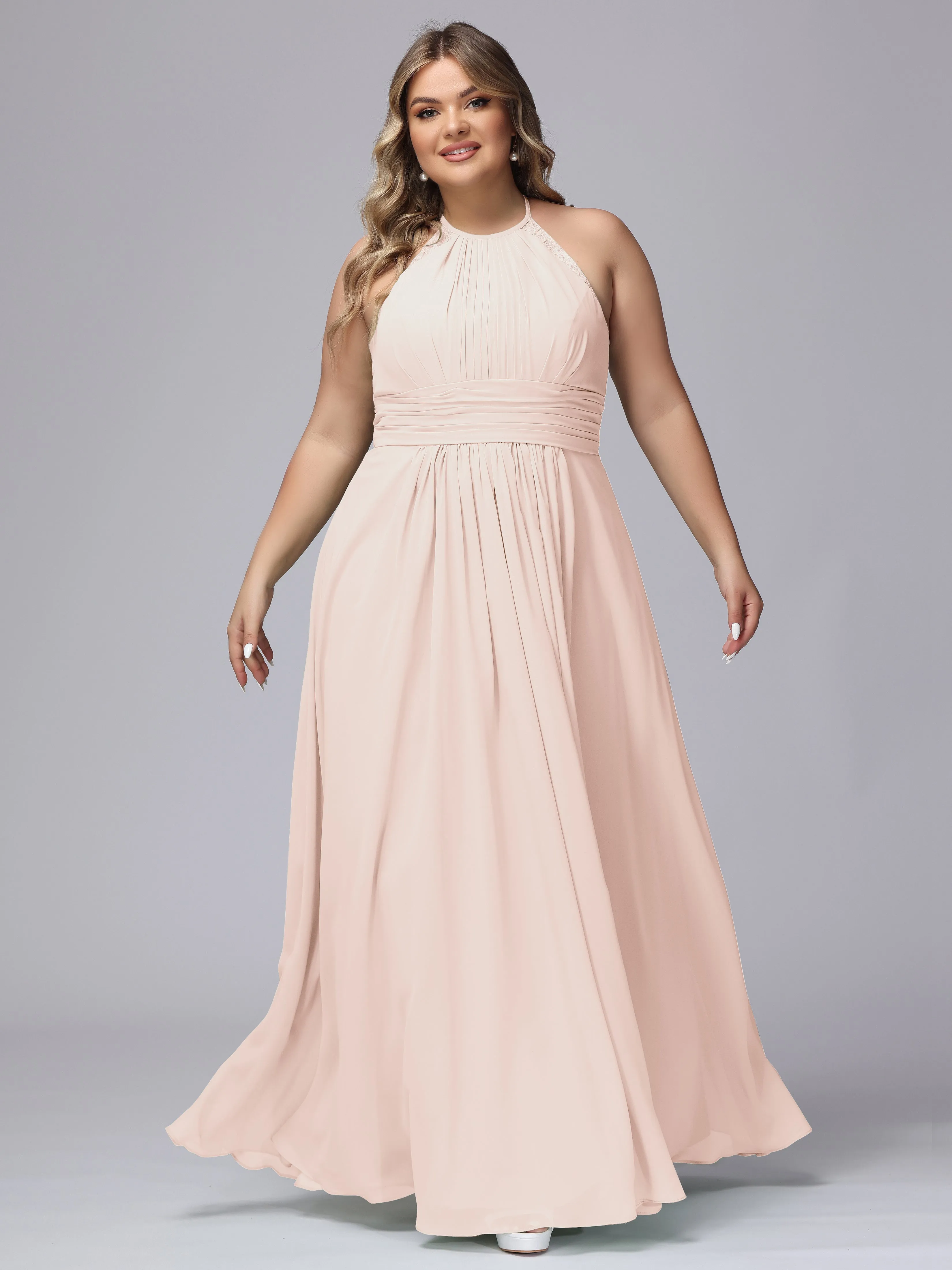 Halter Sleeveless Long Plus Size Chiffon Bridesmaid Dresses