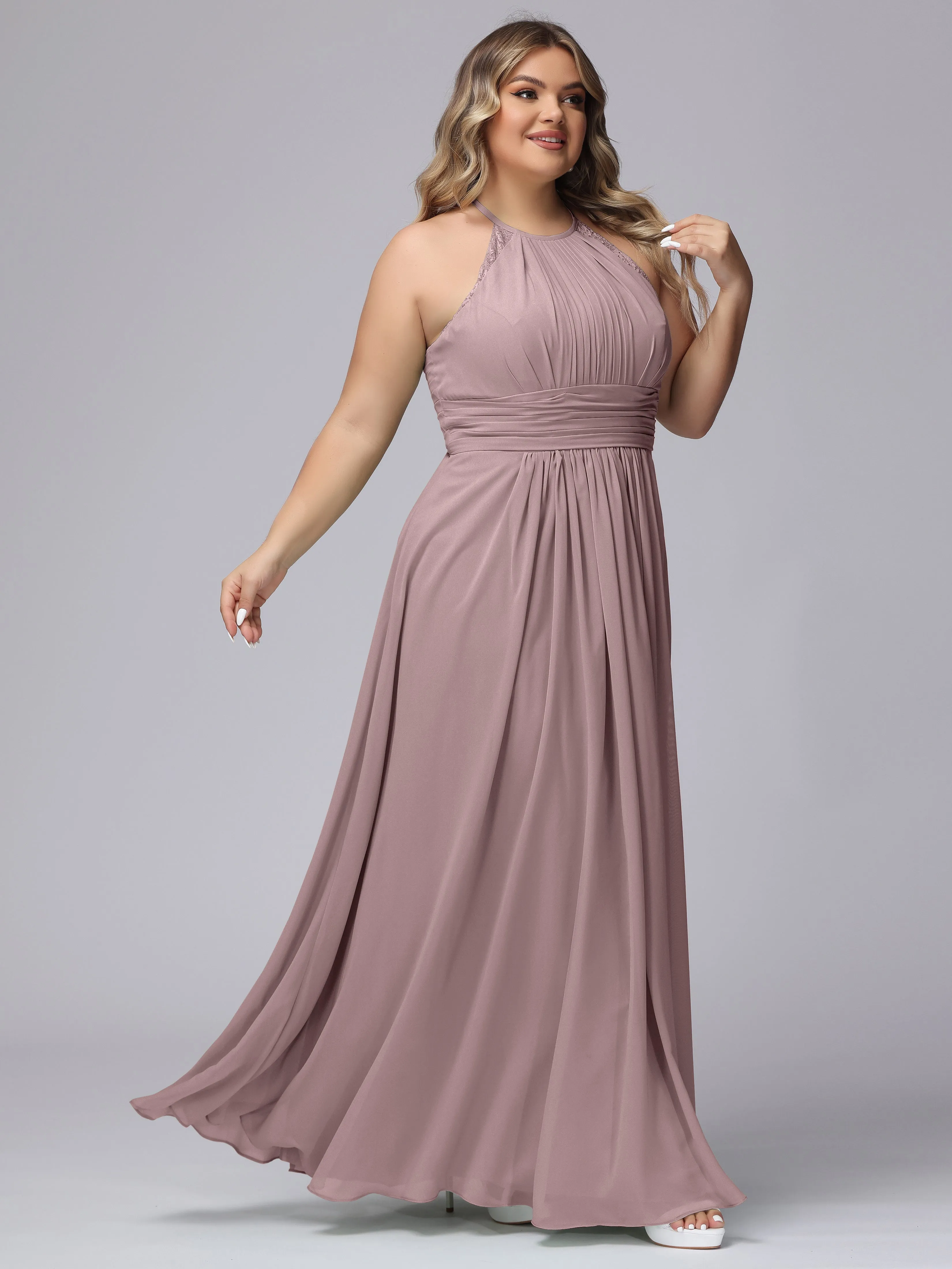 Halter Sleeveless Long Plus Size Chiffon Bridesmaid Dresses