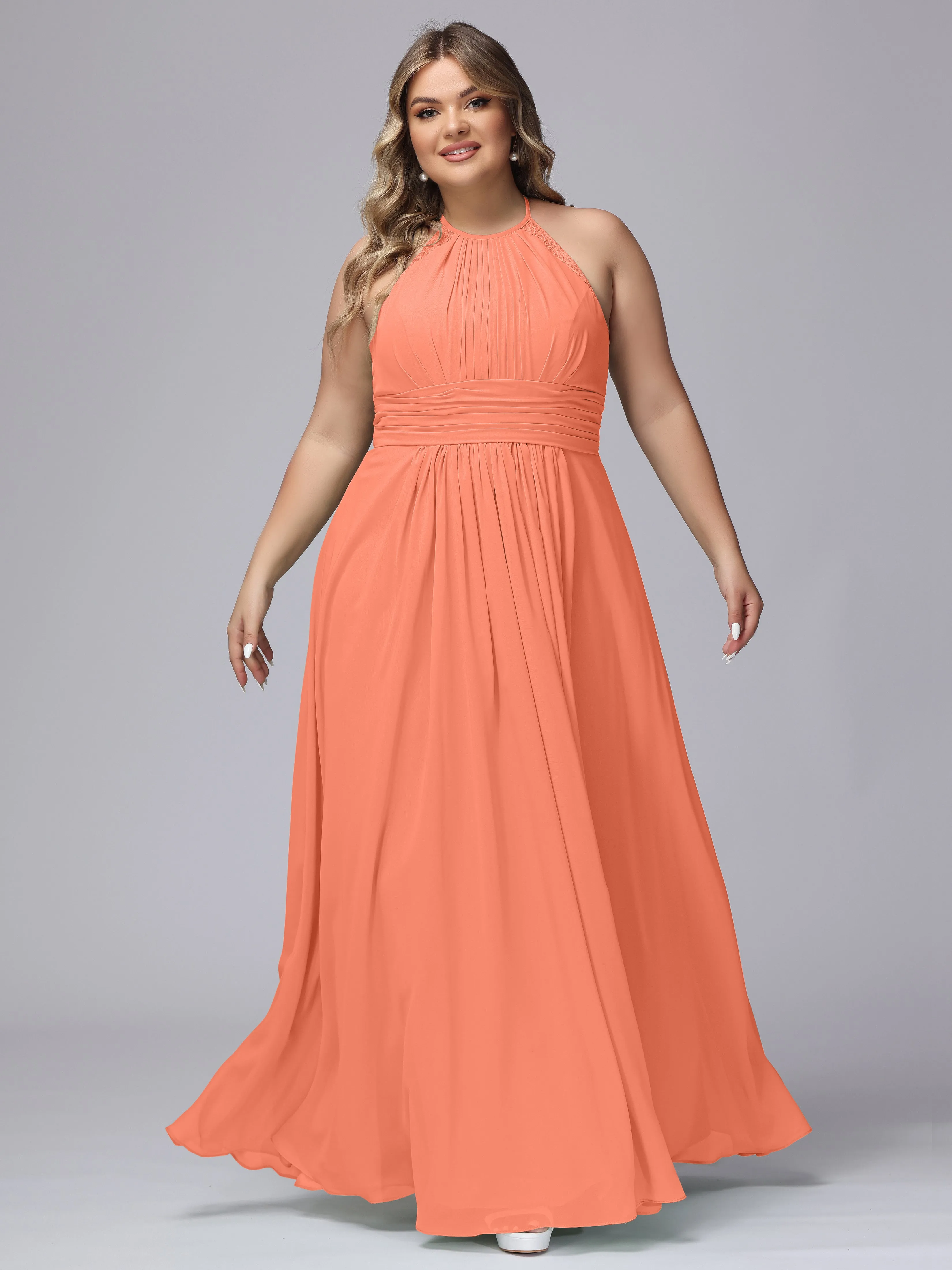 Halter Sleeveless Long Plus Size Chiffon Bridesmaid Dresses