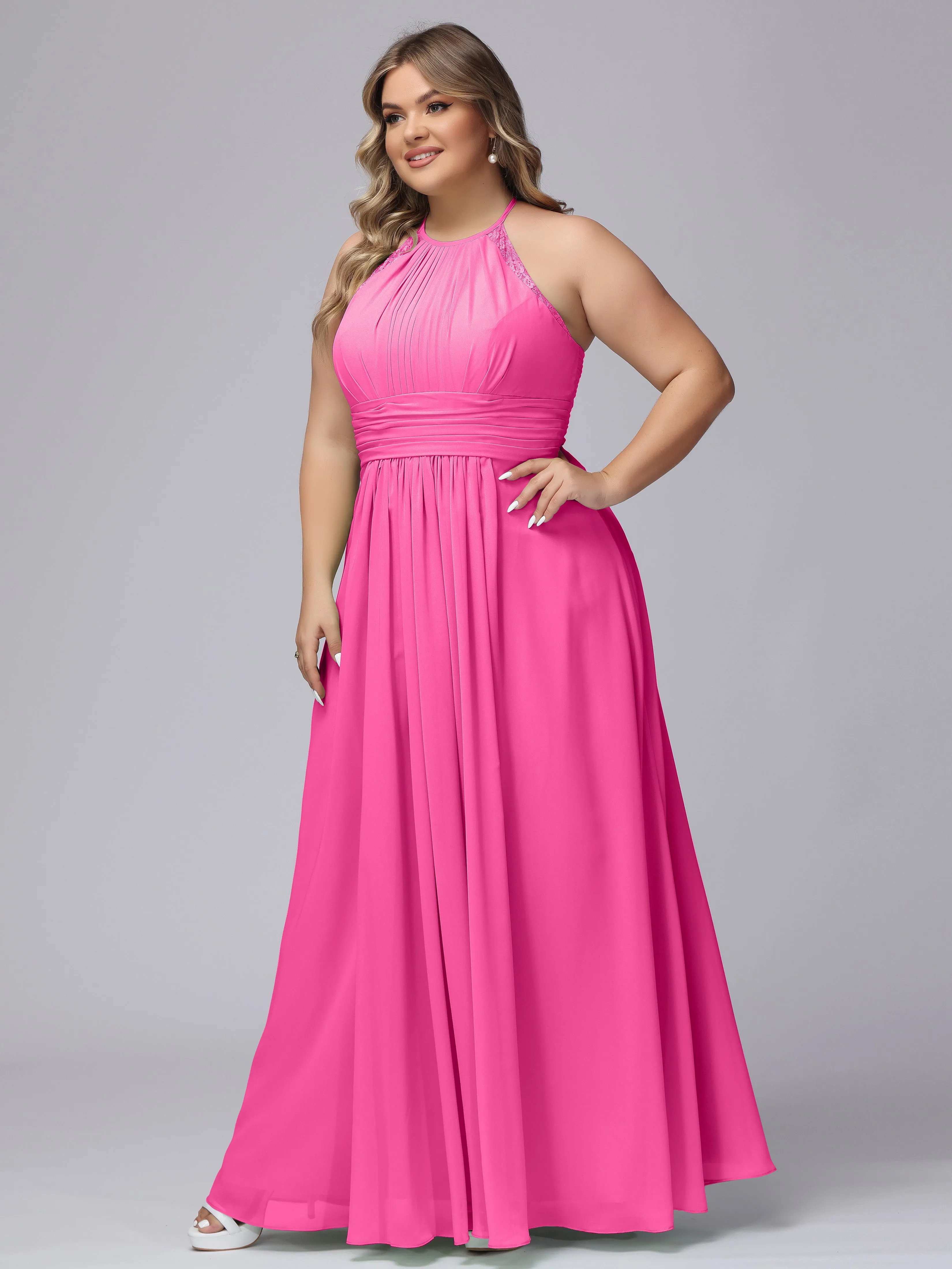 Halter Sleeveless Long Plus Size Chiffon Bridesmaid Dresses