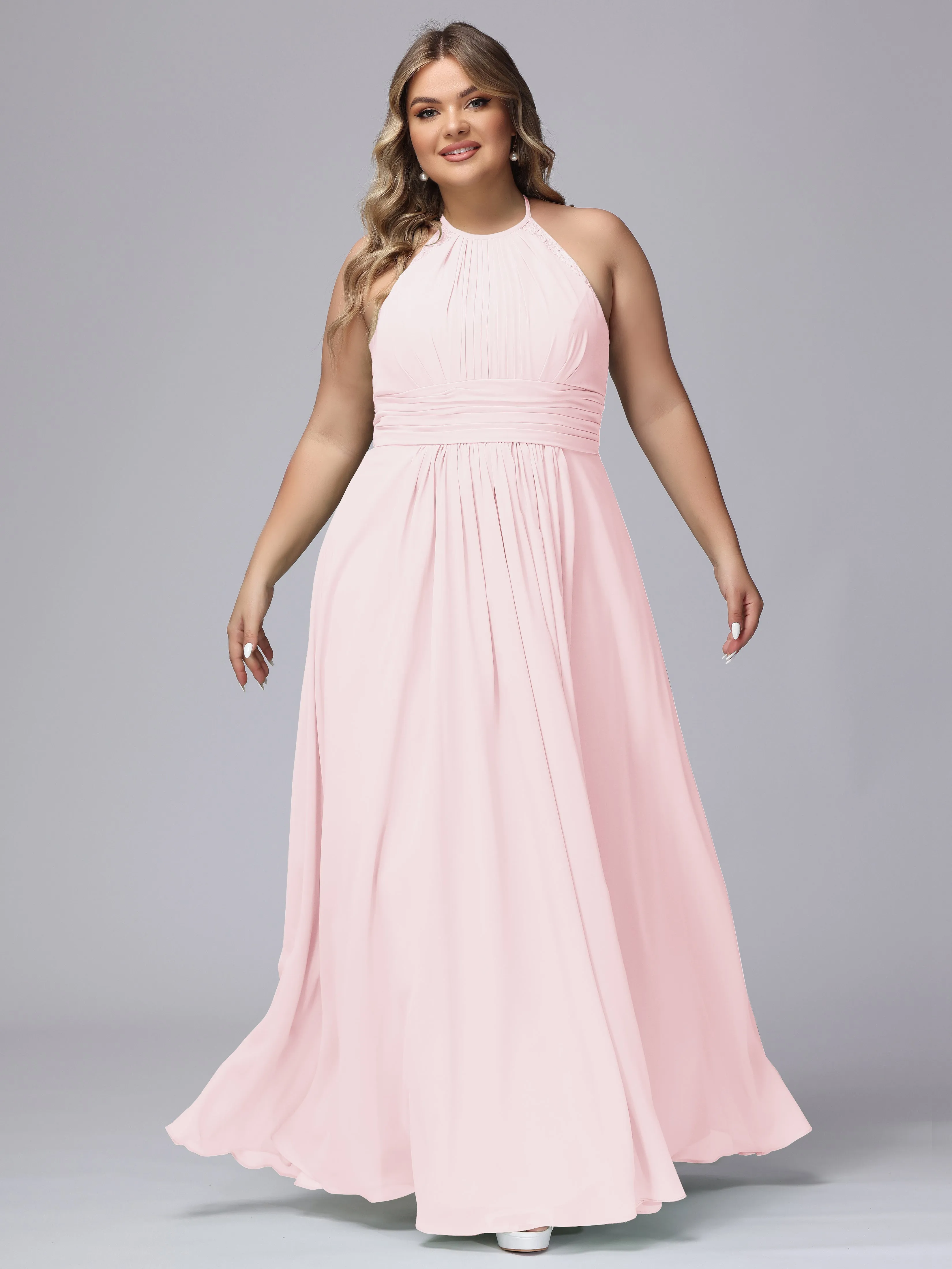 Halter Sleeveless Long Plus Size Chiffon Bridesmaid Dresses