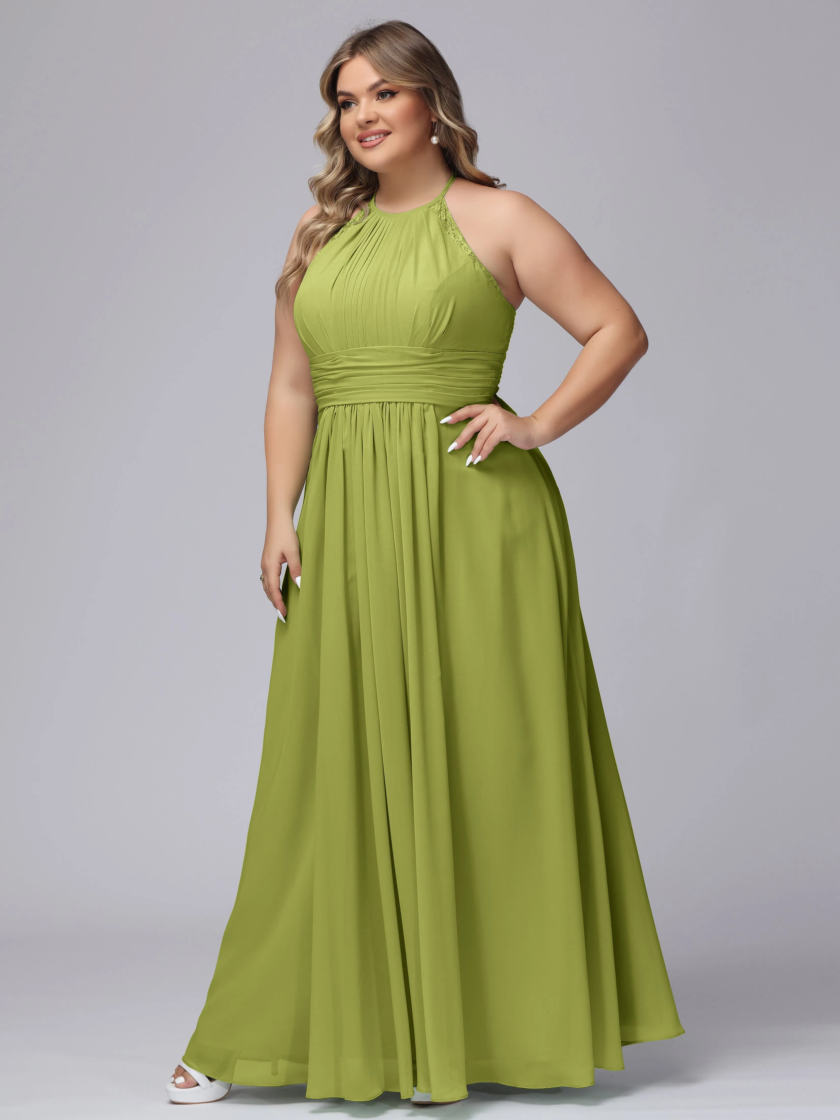 Halter Sleeveless Long Plus Size Chiffon Bridesmaid Dresses