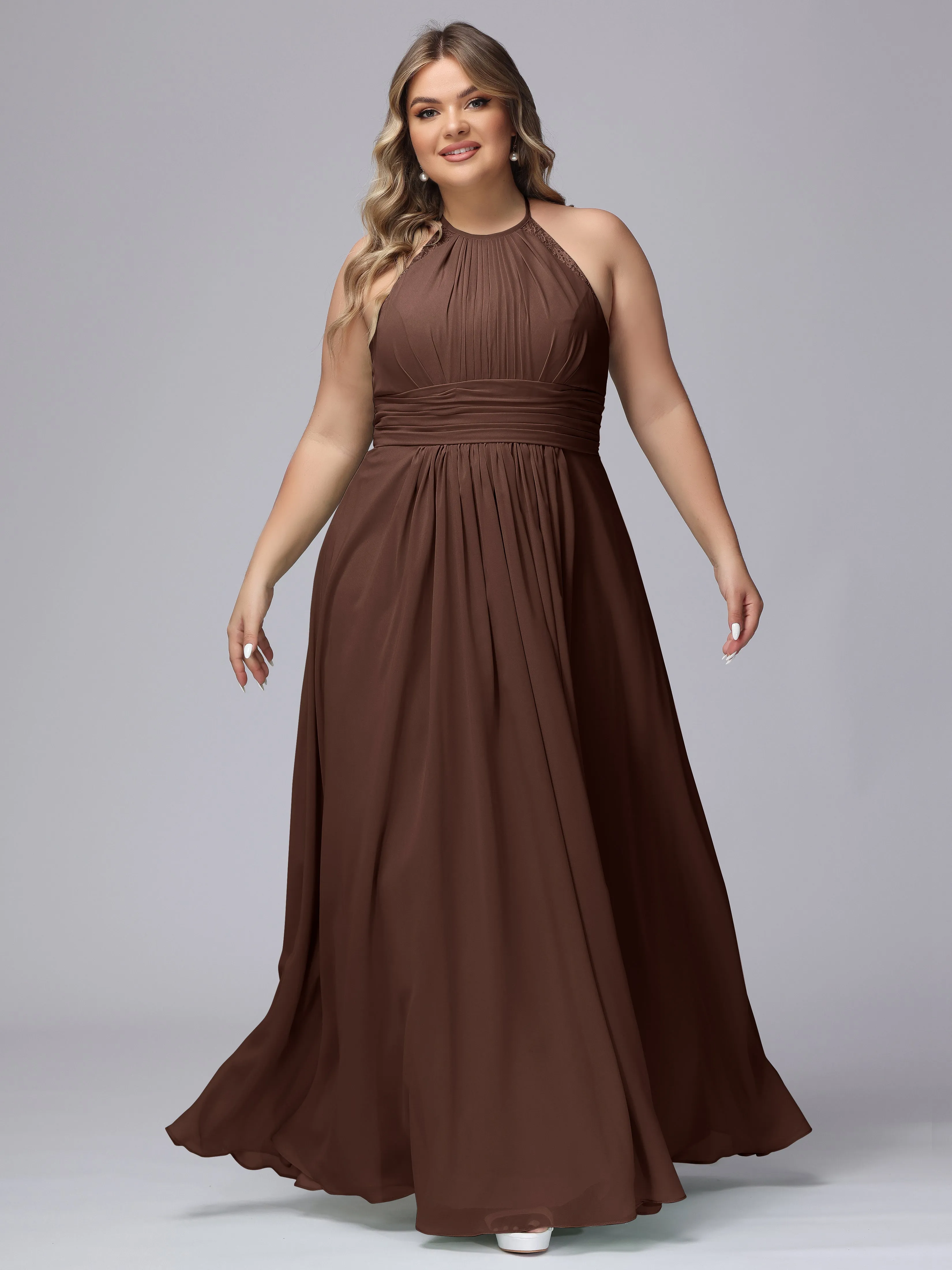 Halter Sleeveless Long Plus Size Chiffon Bridesmaid Dresses