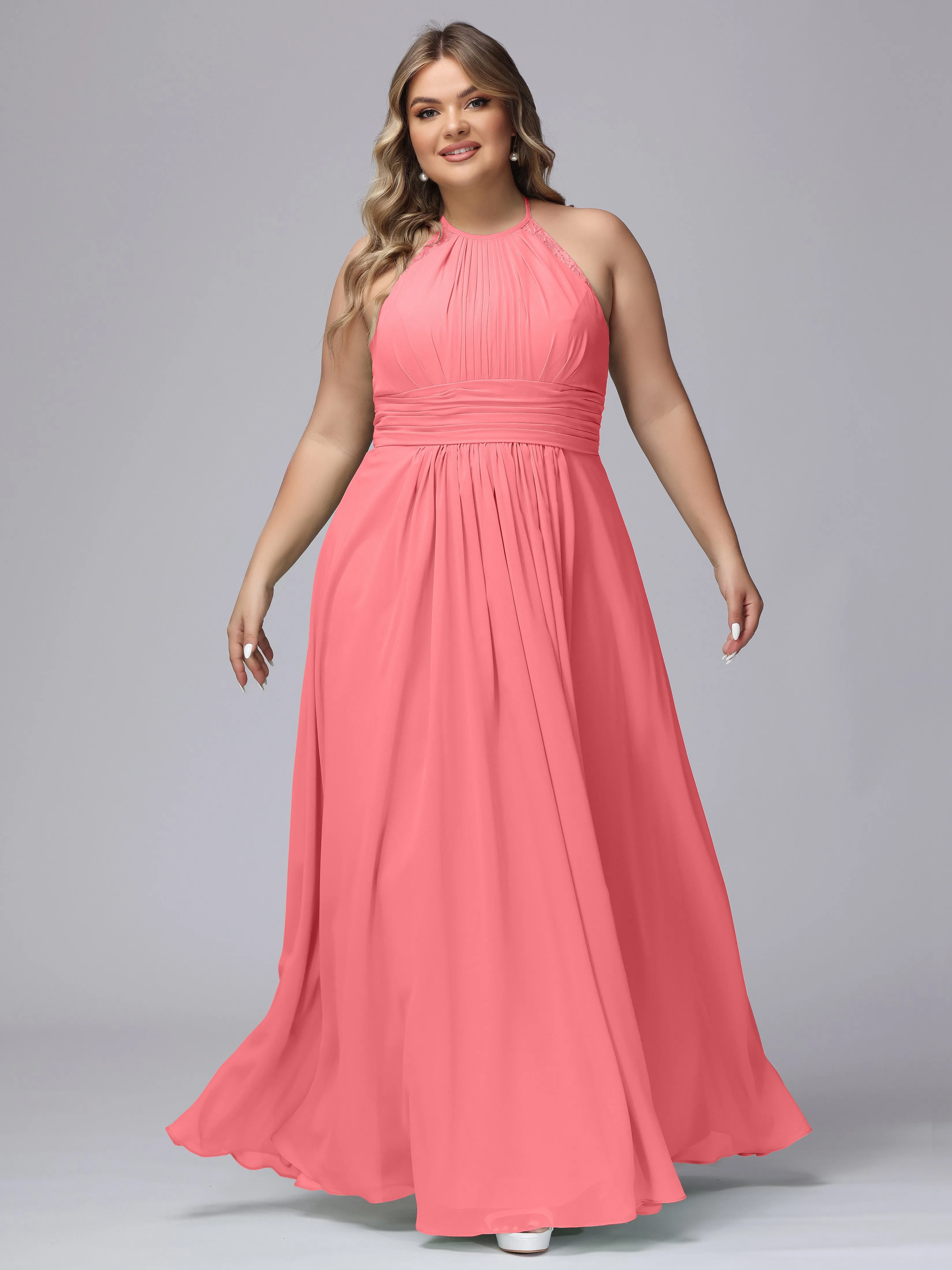 Halter Sleeveless Long Plus Size Chiffon Bridesmaid Dresses
