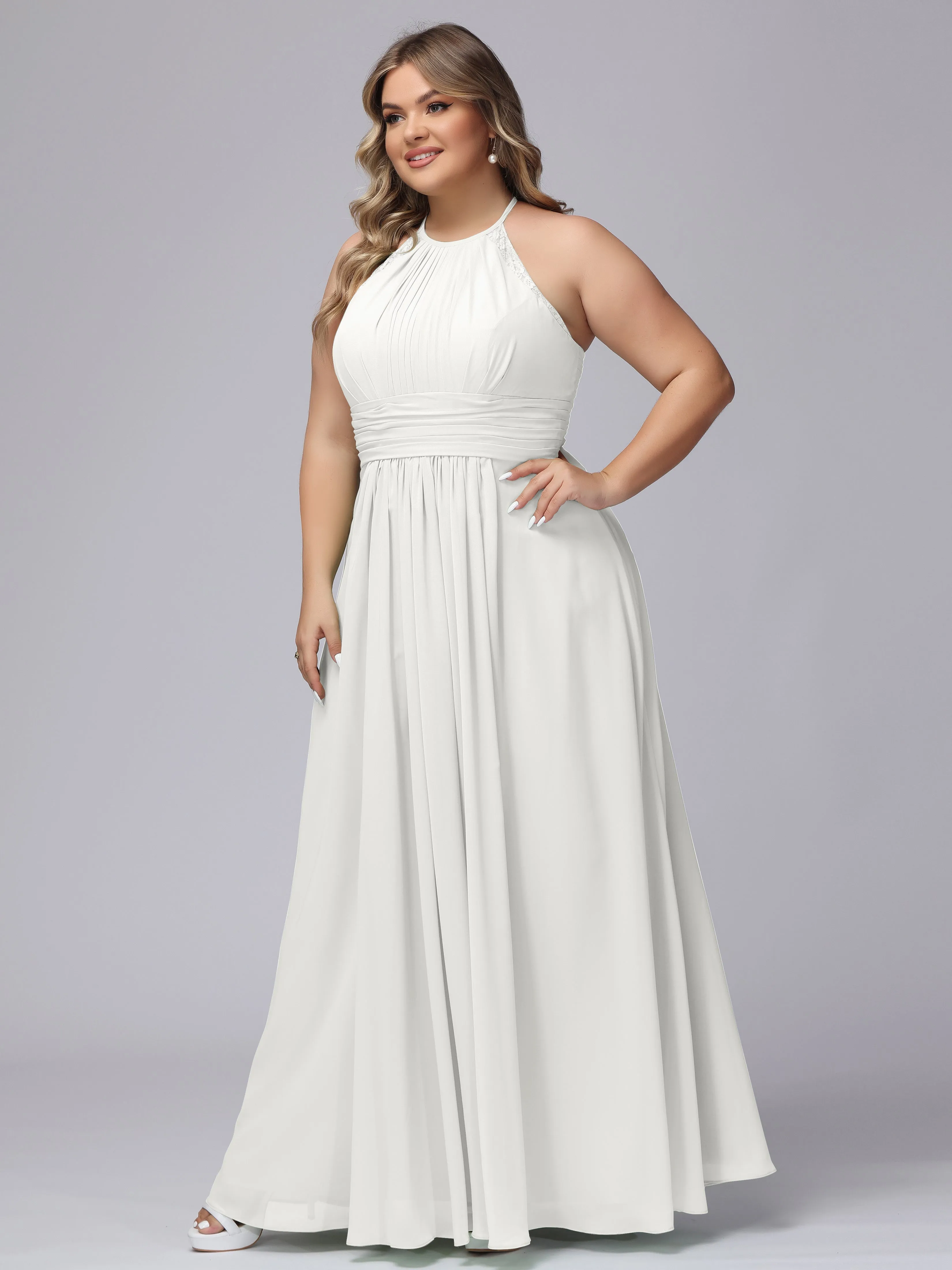 Halter Sleeveless Long Plus Size Chiffon Bridesmaid Dresses