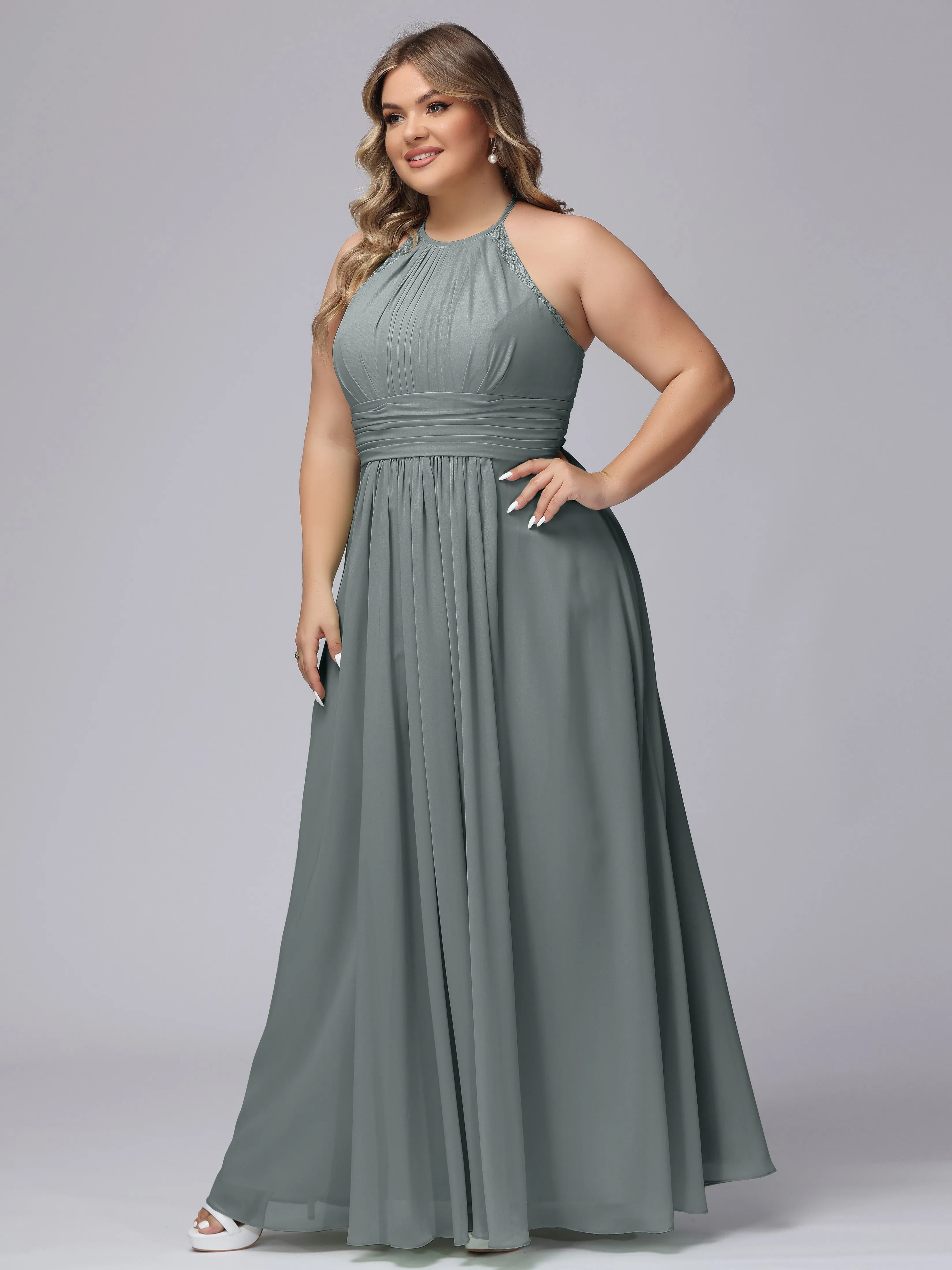 Halter Sleeveless Long Plus Size Chiffon Bridesmaid Dresses
