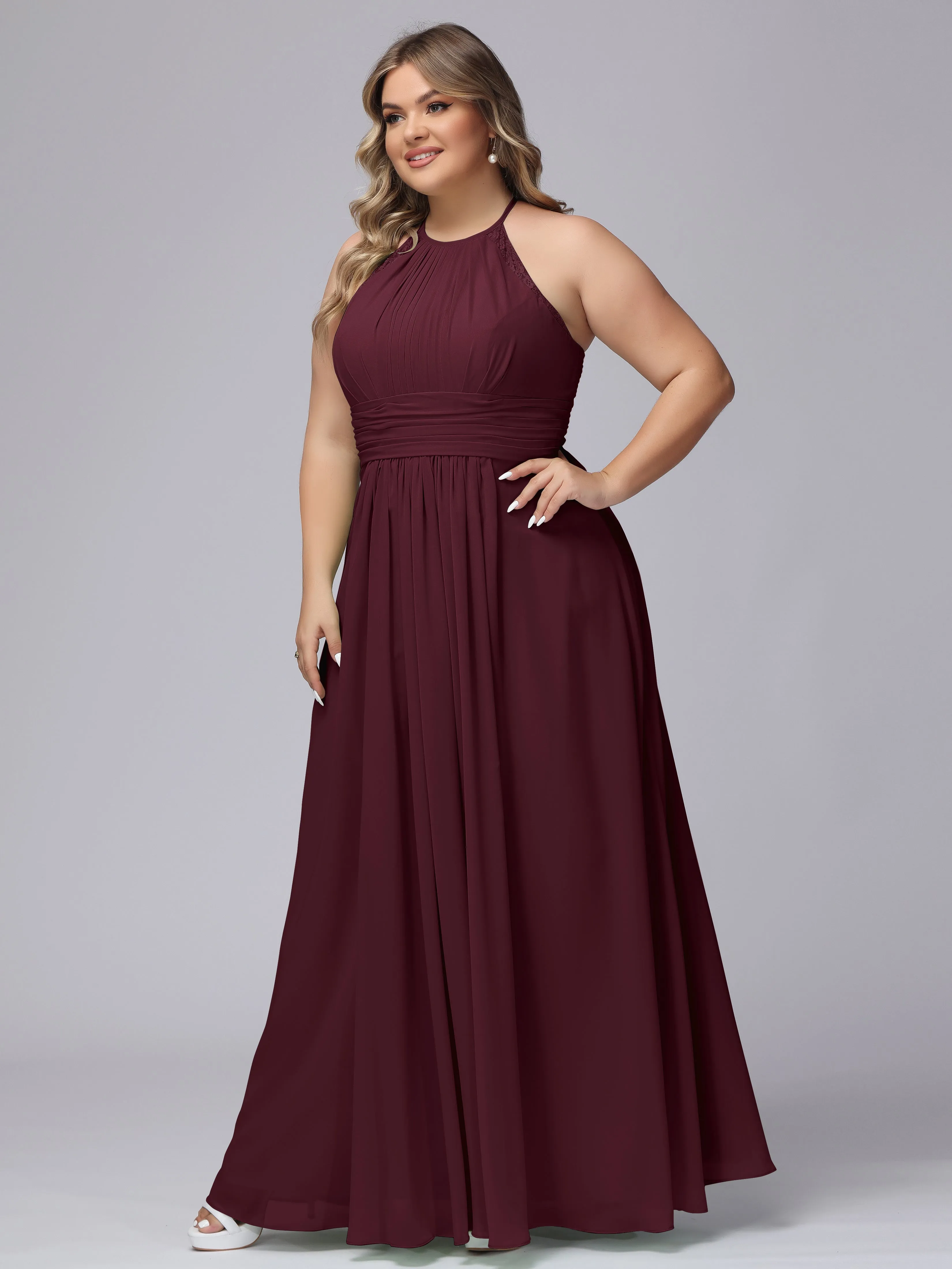 Halter Sleeveless Long Plus Size Chiffon Bridesmaid Dresses