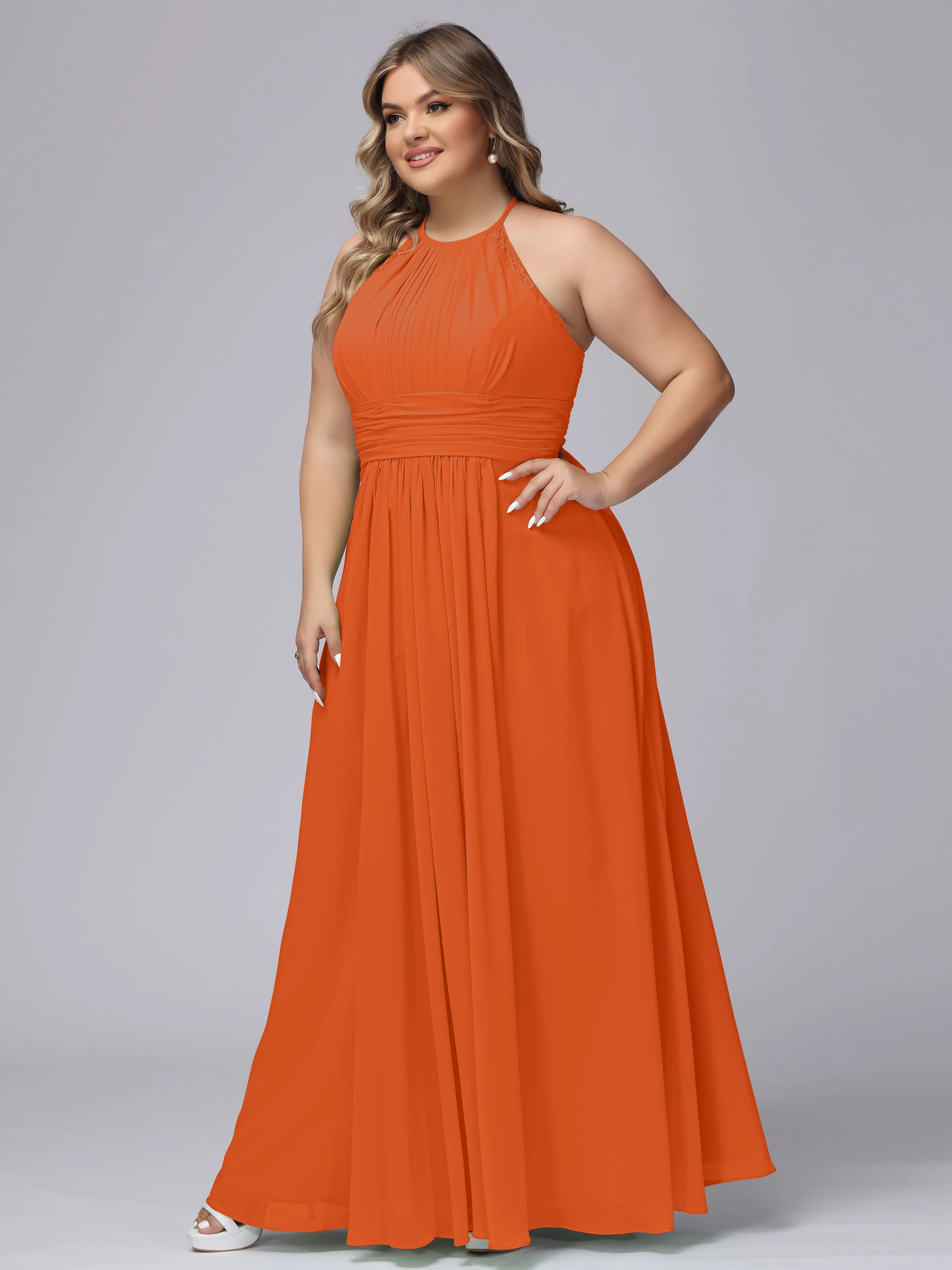 Halter Sleeveless Long Plus Size Chiffon Bridesmaid Dresses