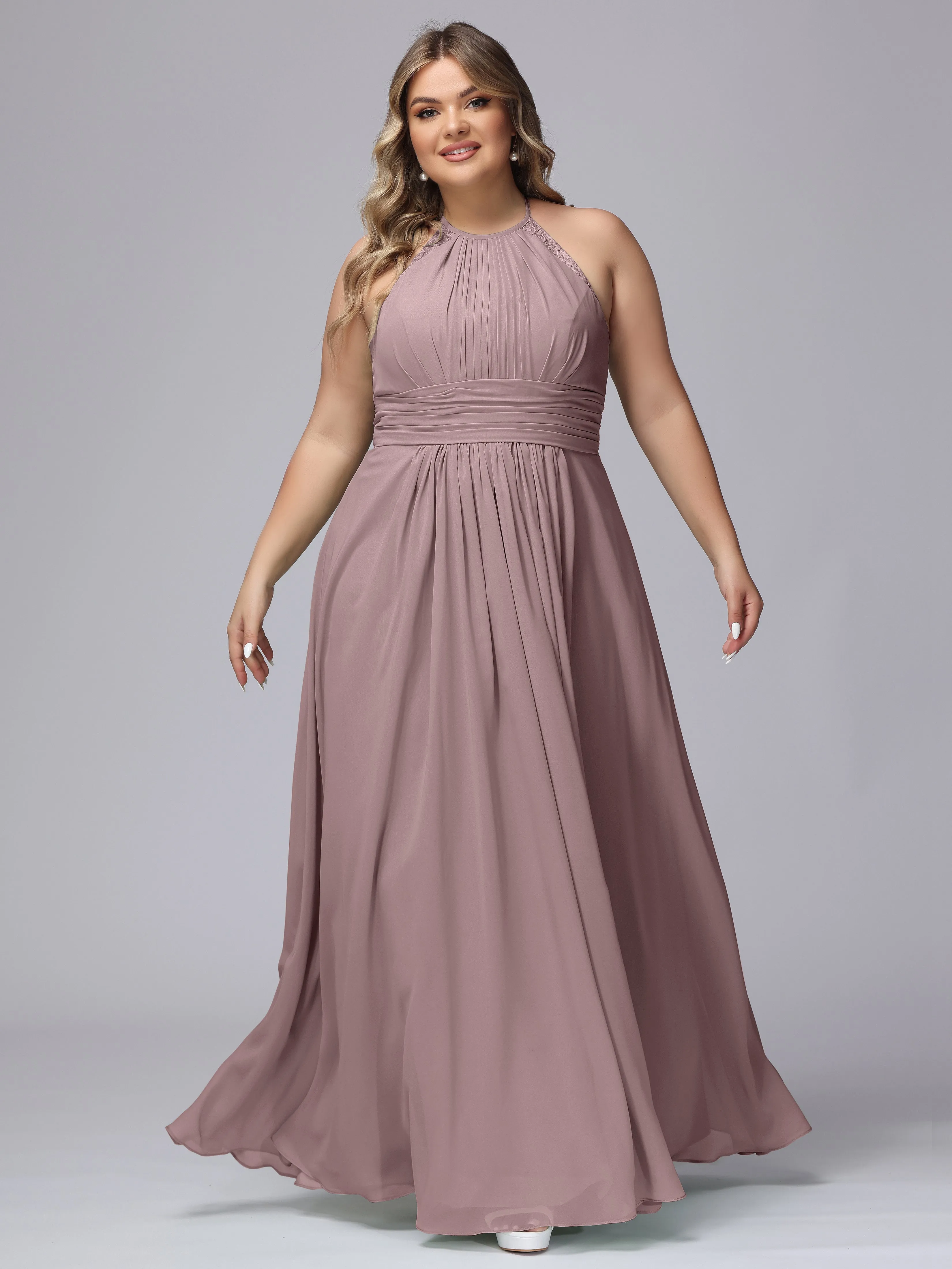 Halter Sleeveless Long Plus Size Chiffon Bridesmaid Dresses