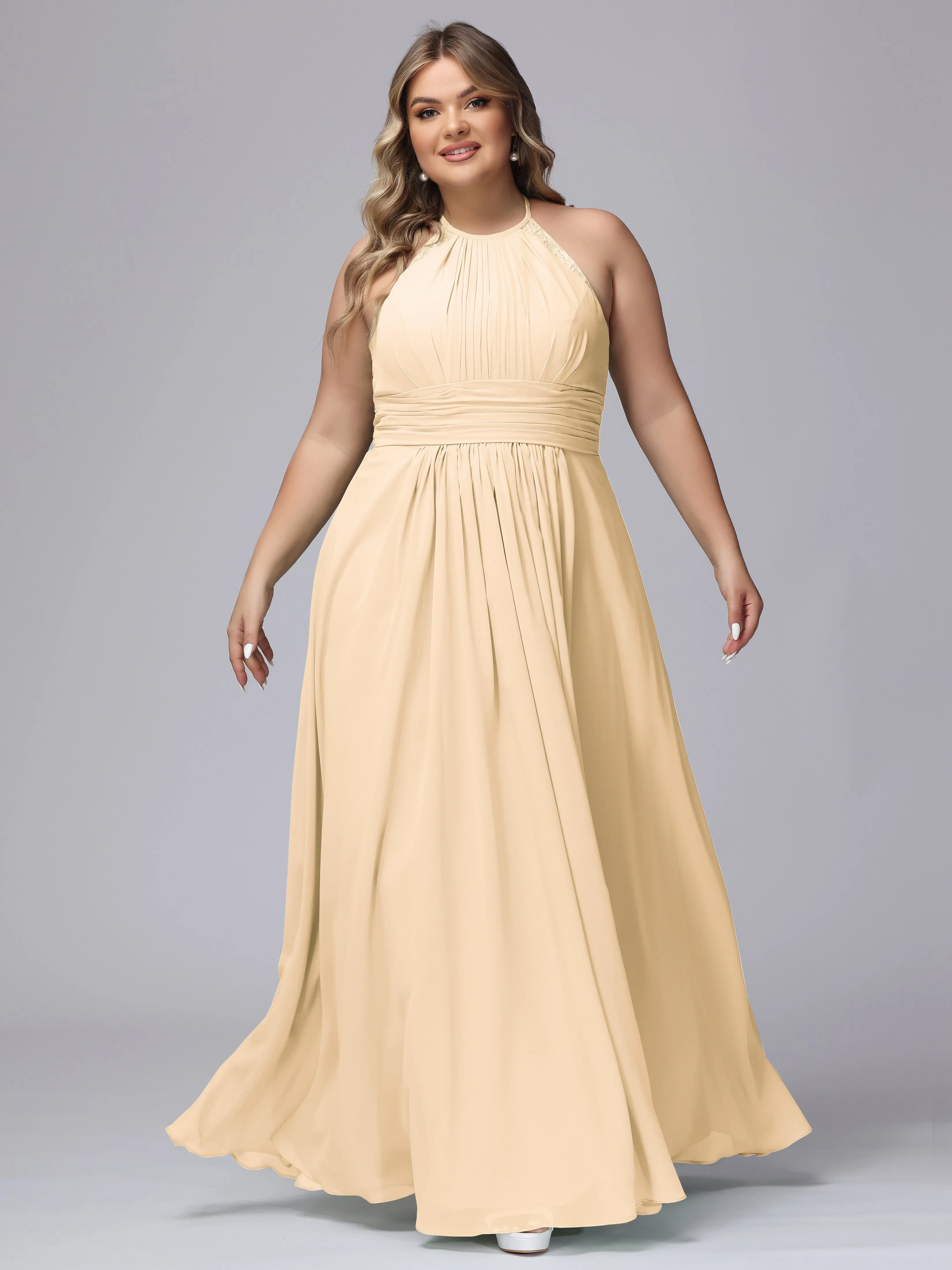 Halter Sleeveless Long Plus Size Chiffon Bridesmaid Dresses