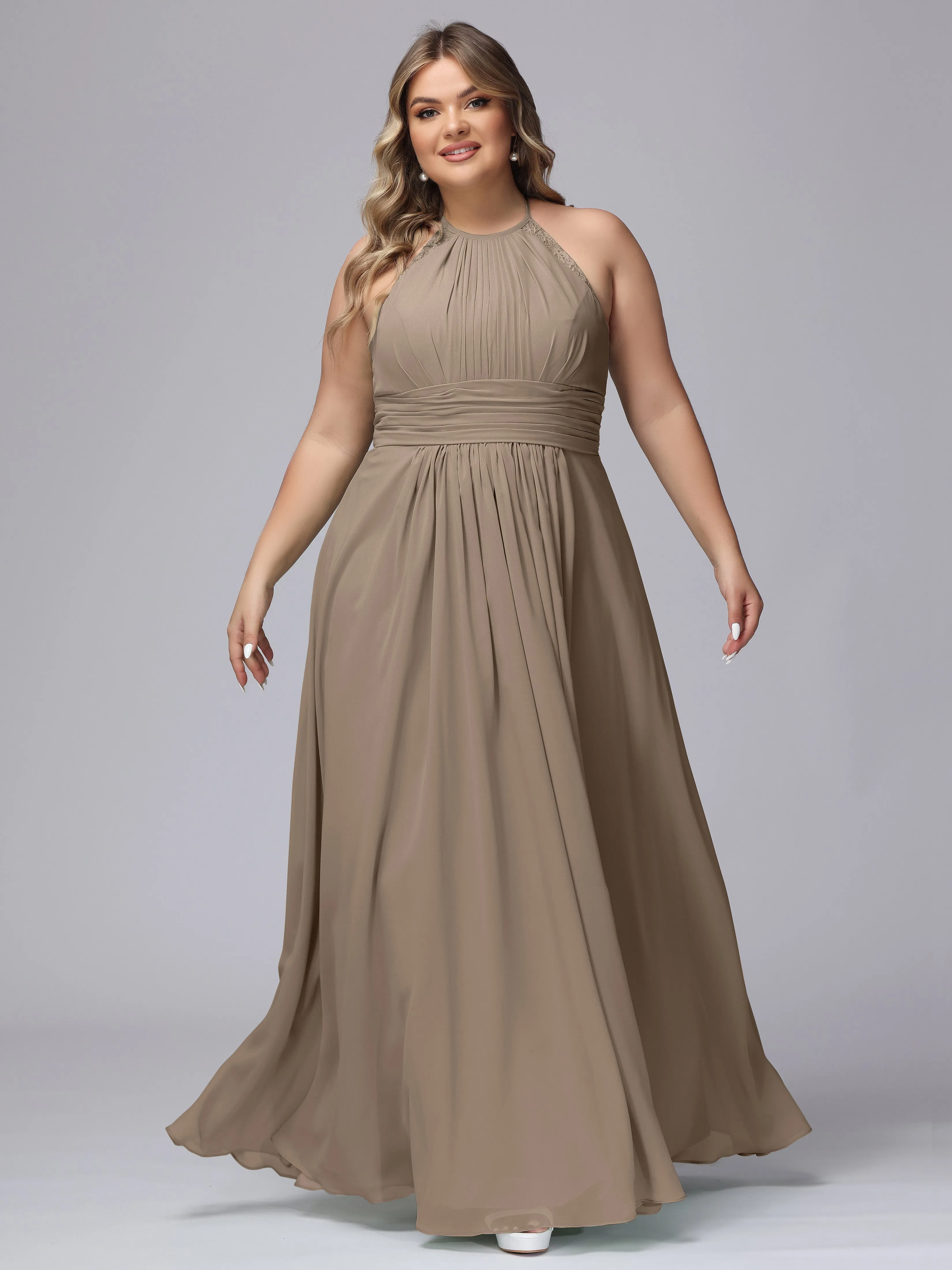 Halter Sleeveless Long Plus Size Chiffon Bridesmaid Dresses