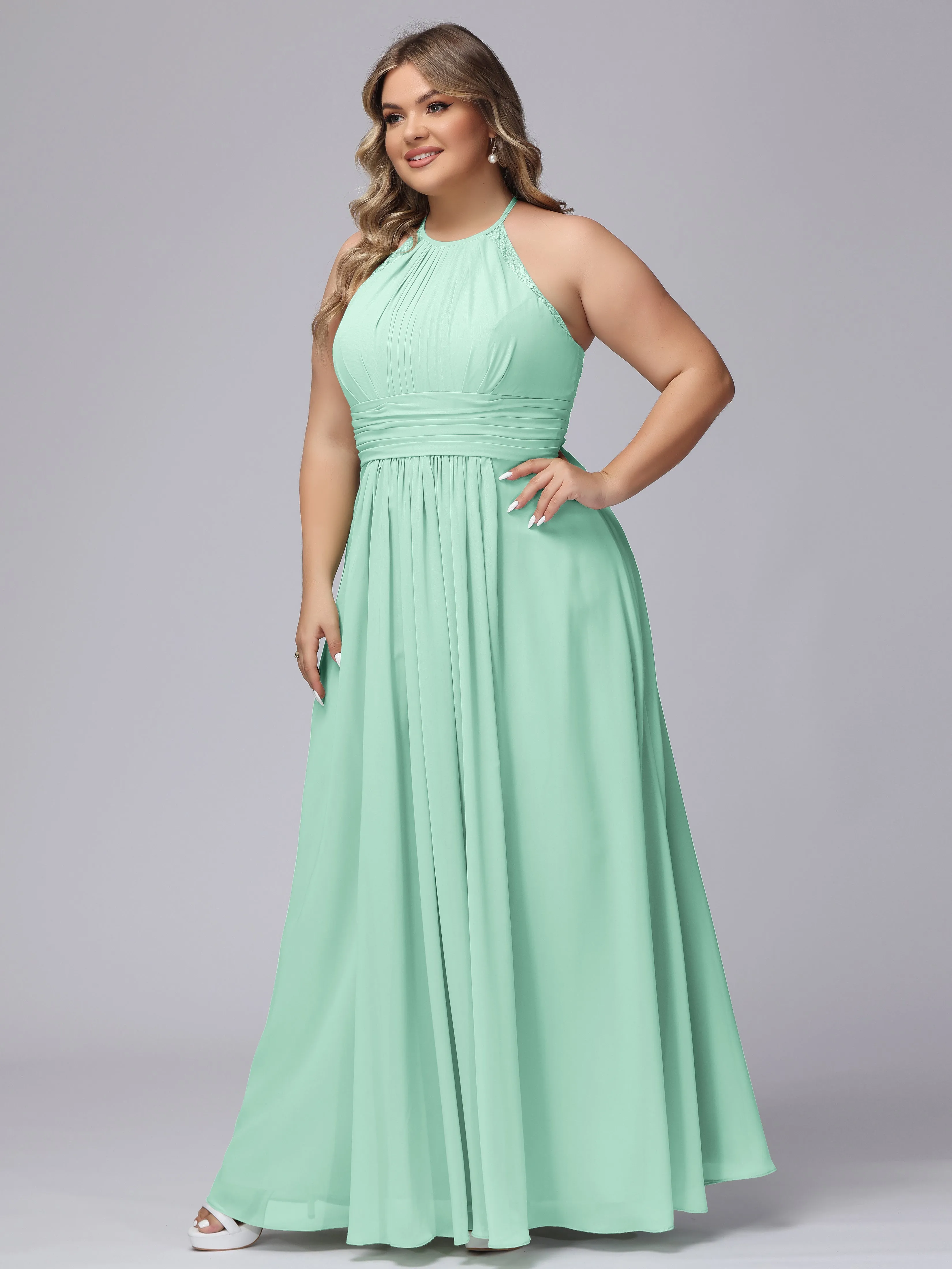 Halter Sleeveless Long Plus Size Chiffon Bridesmaid Dresses