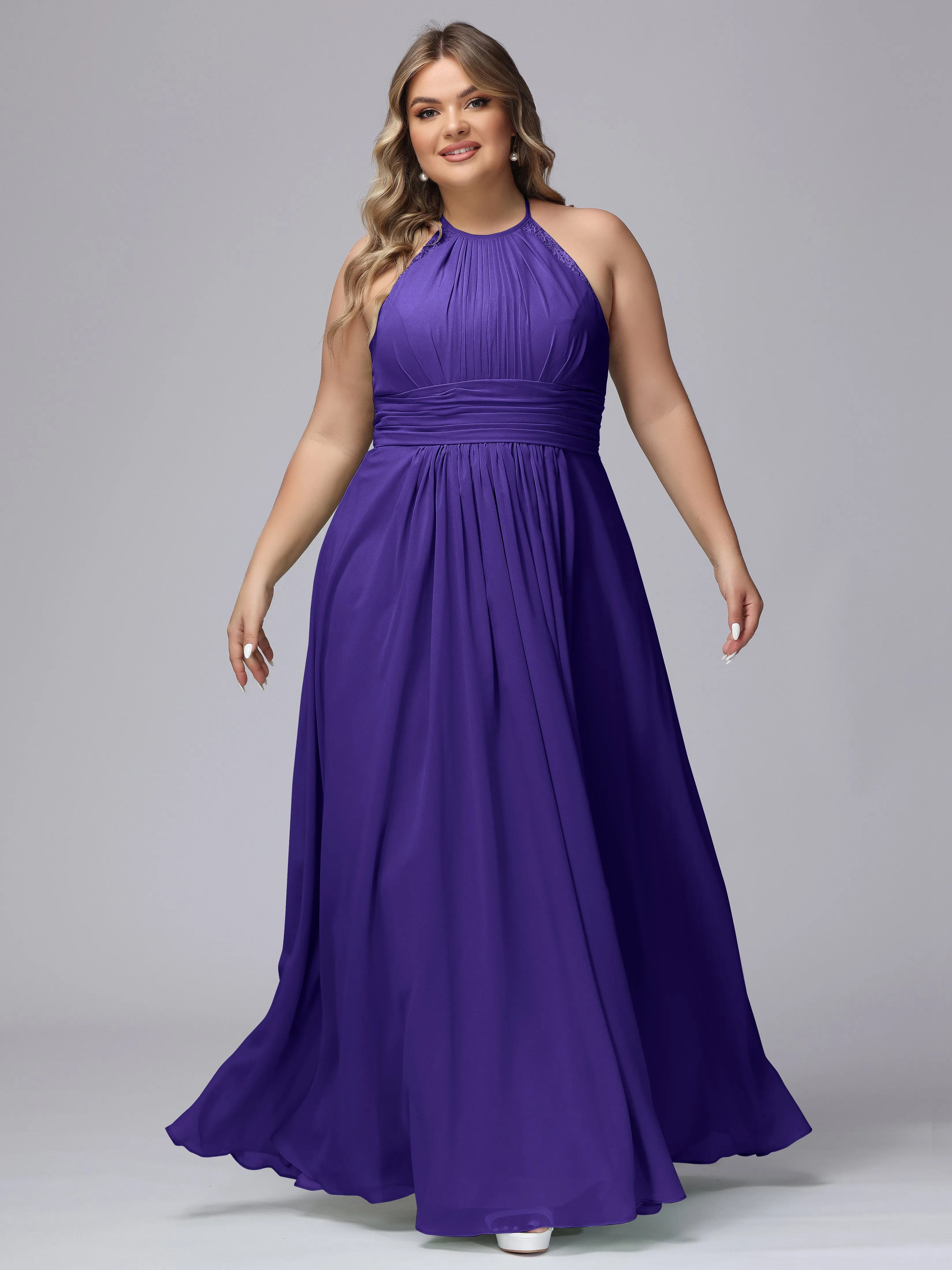 Halter Sleeveless Long Plus Size Chiffon Bridesmaid Dresses