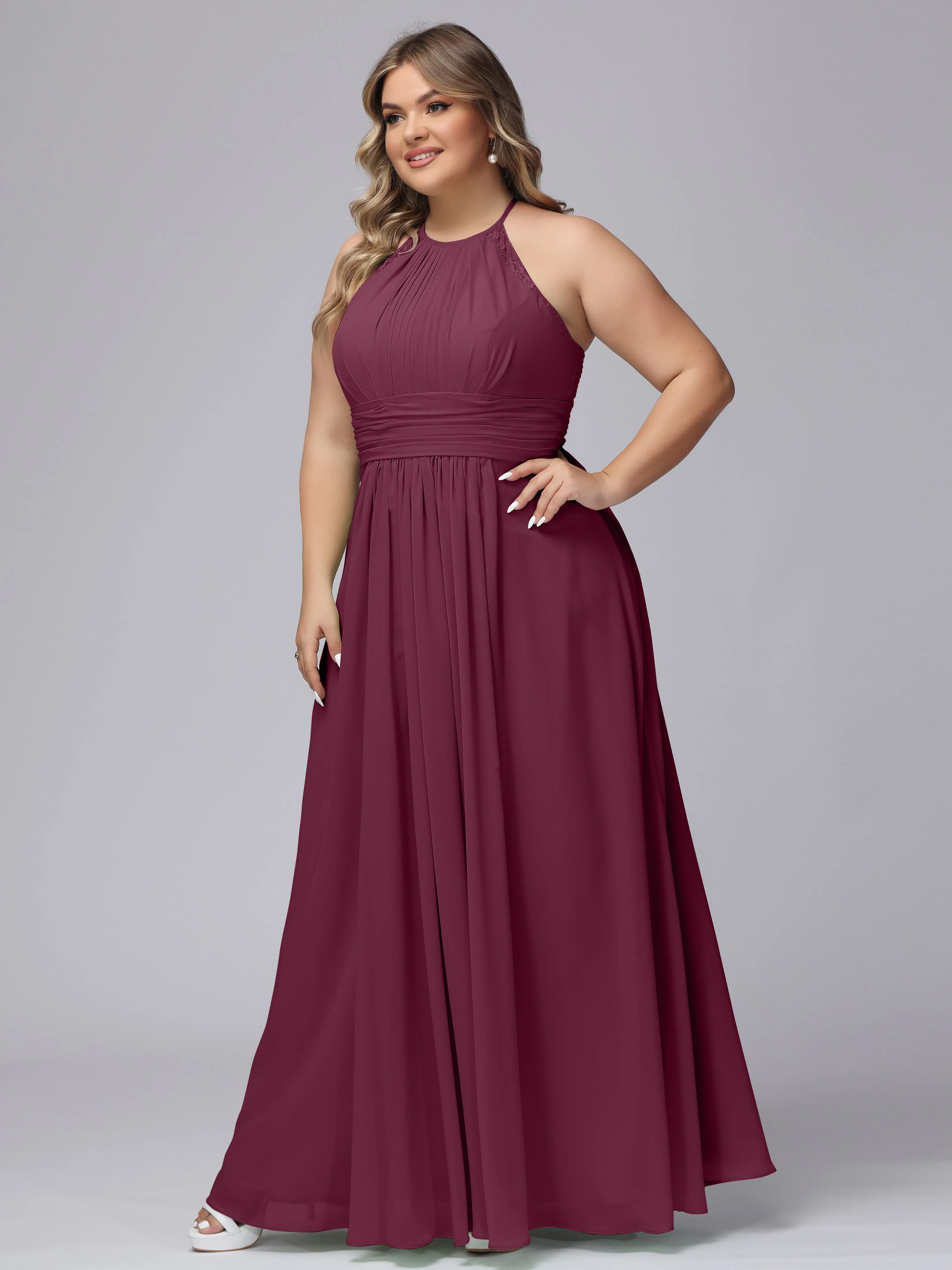 Halter Sleeveless Long Plus Size Chiffon Bridesmaid Dresses